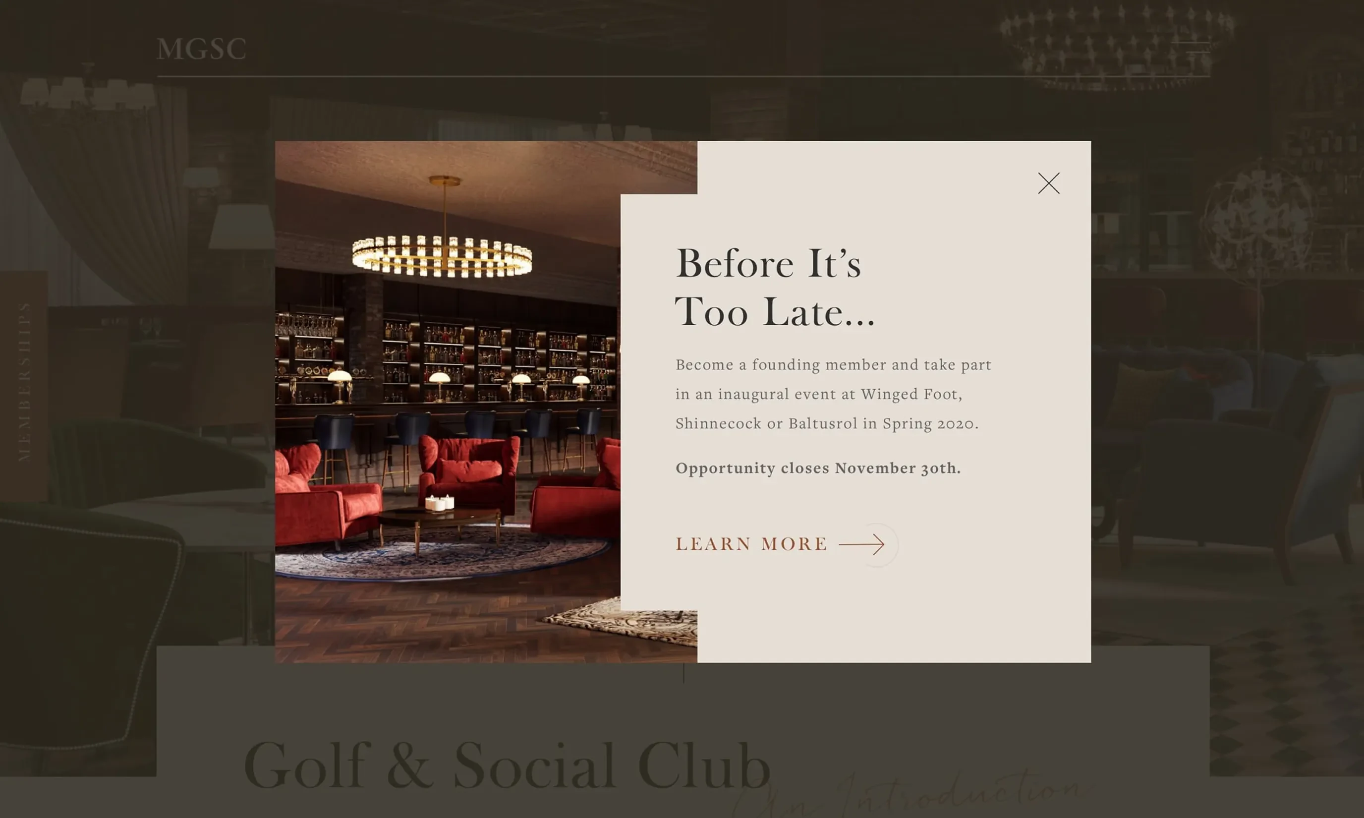 Website popup mockup for a founding member offer over a lounge interior