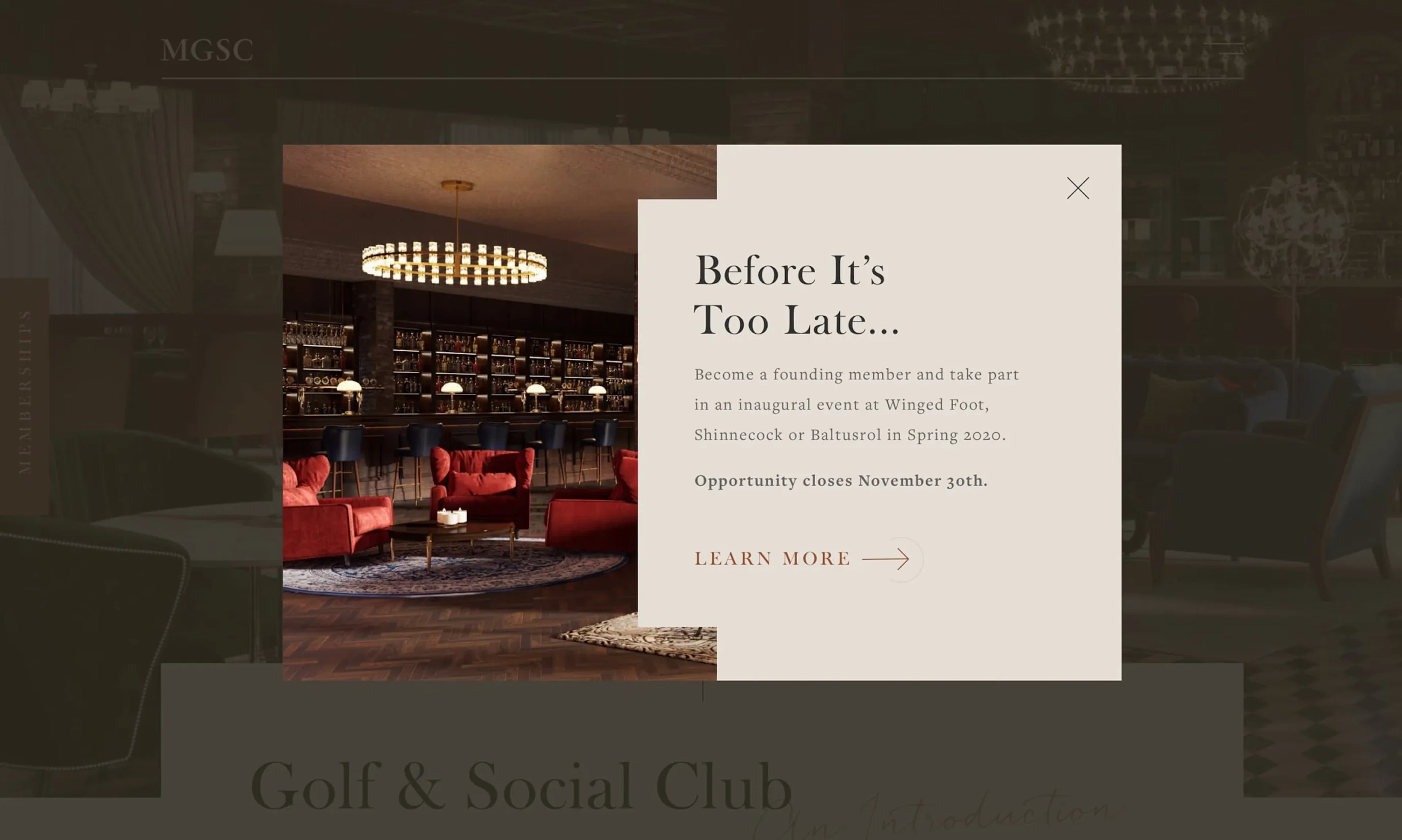 Website popup mockup for a founding member offer over a lounge interior