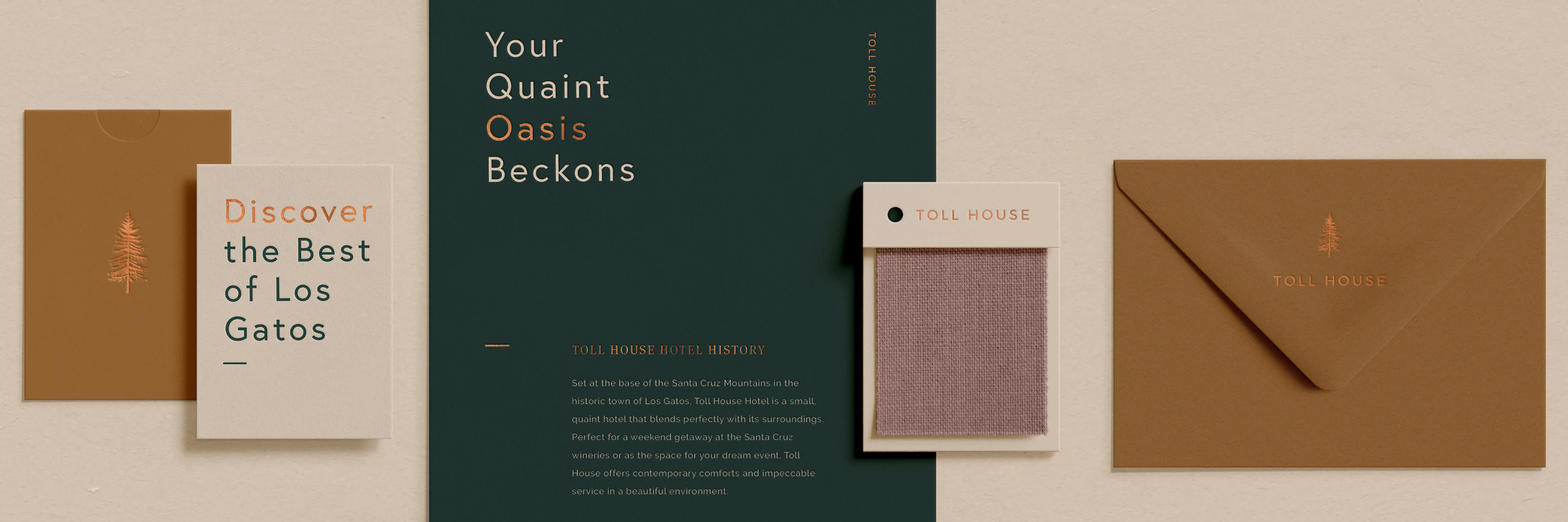 Toll House brochure, key card and cover, kraft envelope with the Toll House logo and a mauve fabric swatch on top of a beige background