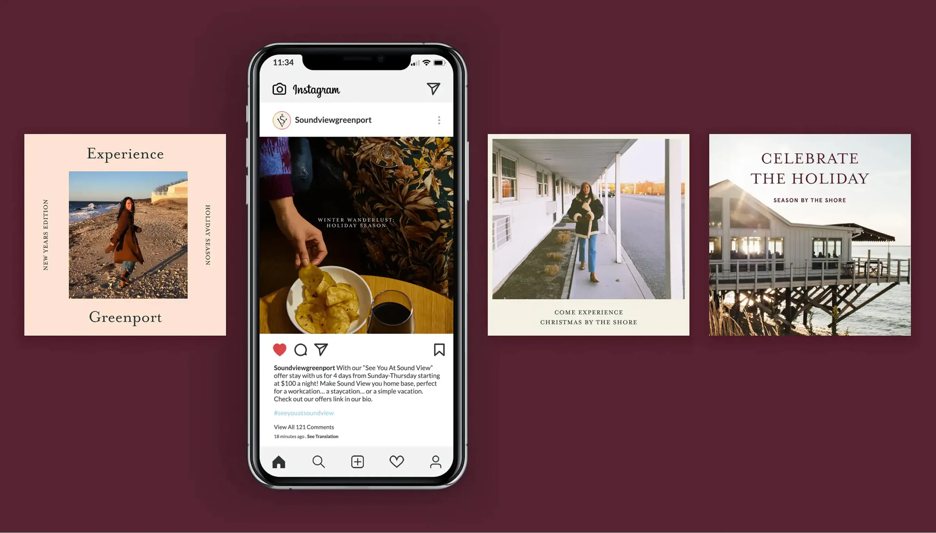 Phone mockup showing Soundviewgreenport Instagram post beside three social post graphics