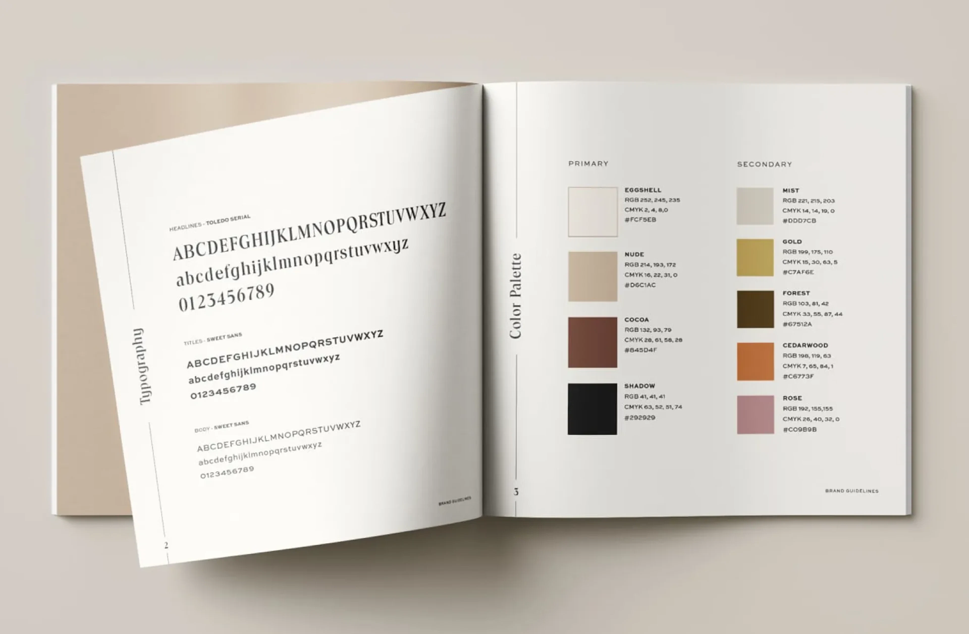 Open brand guide booklet showing typography and color palette pages