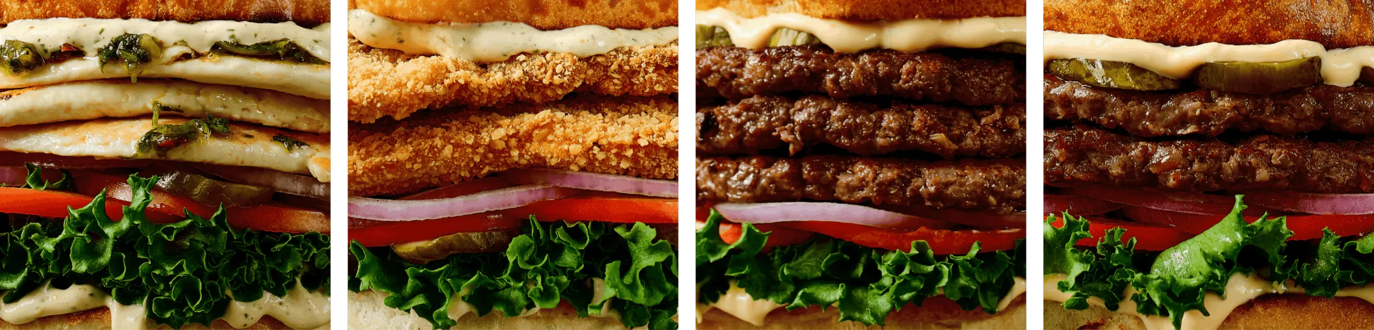 a series of images that show the meats and toppings of different burgers