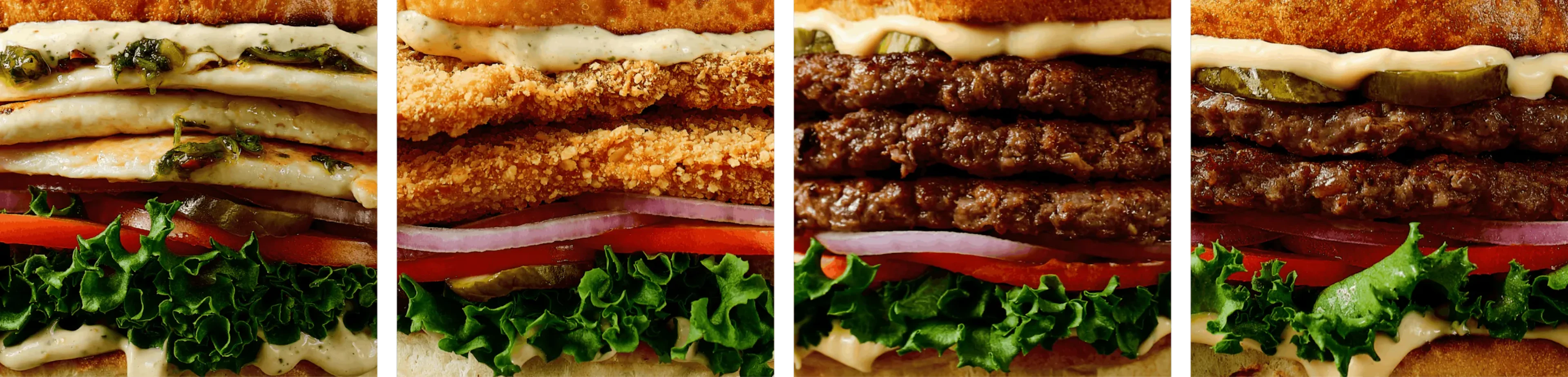 a series of images that show the meats and toppings of different burgers
