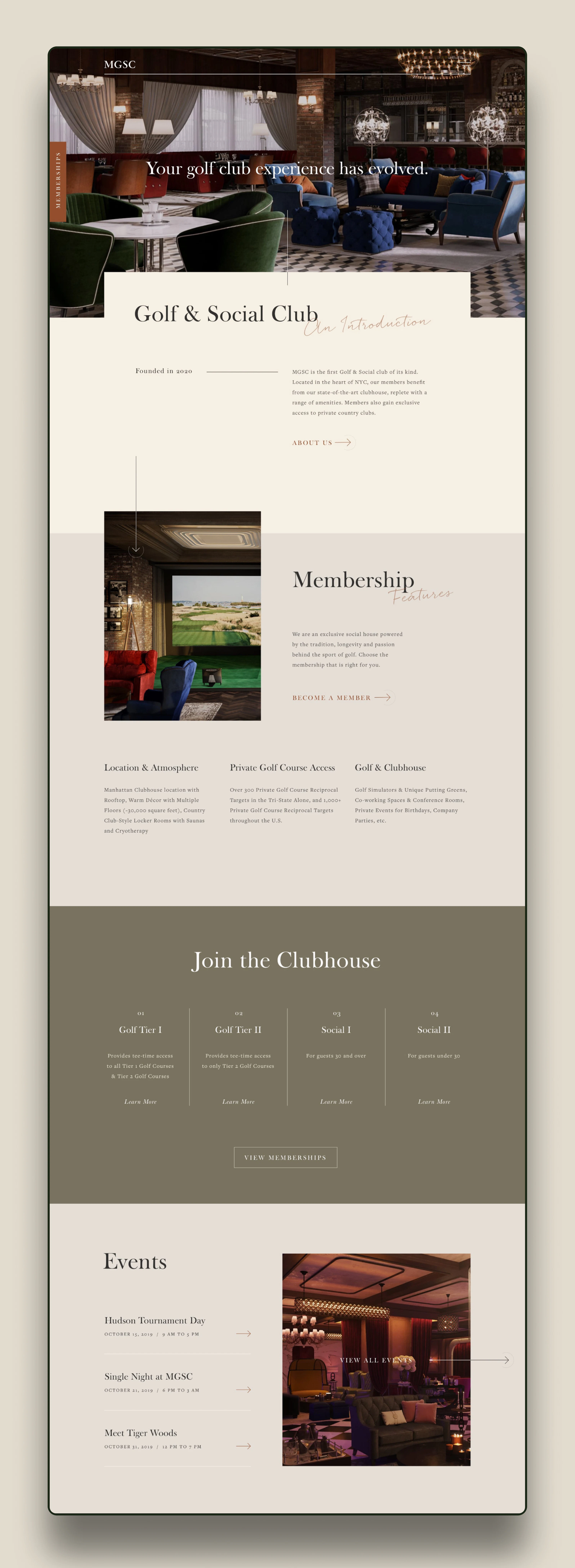 MGSC website homepage mockup with lounge photo and membership sections