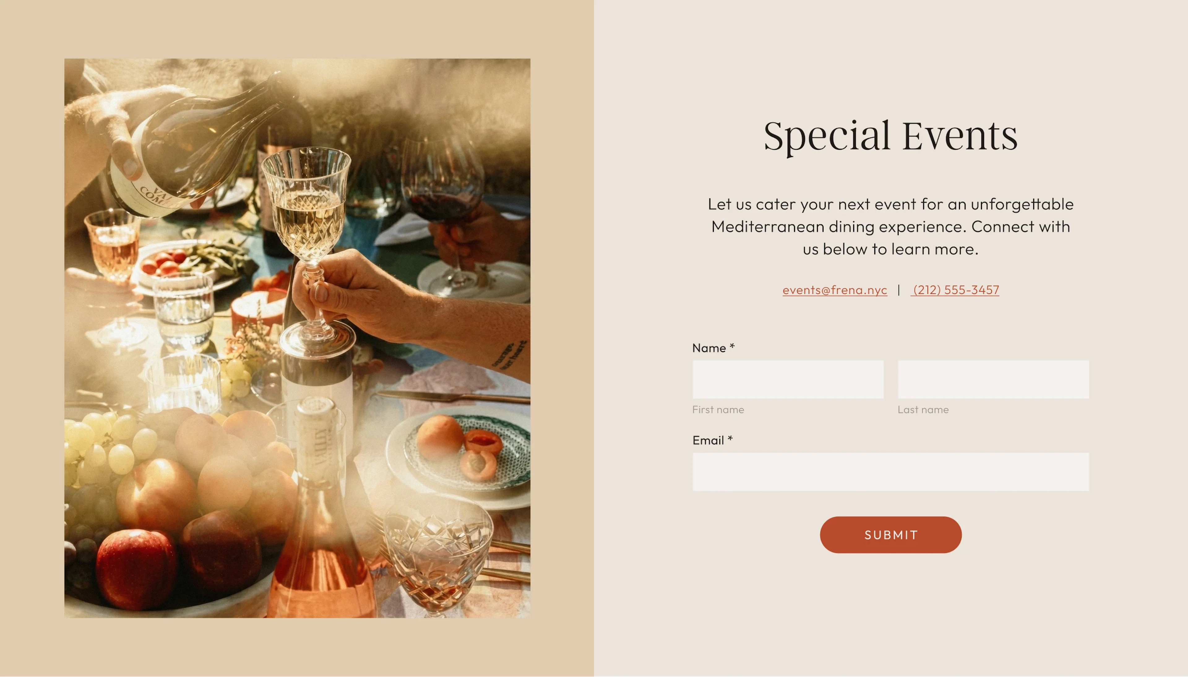 Contact section of the homepage with a photo of a beautiful table setting on the left and a form on the right.
