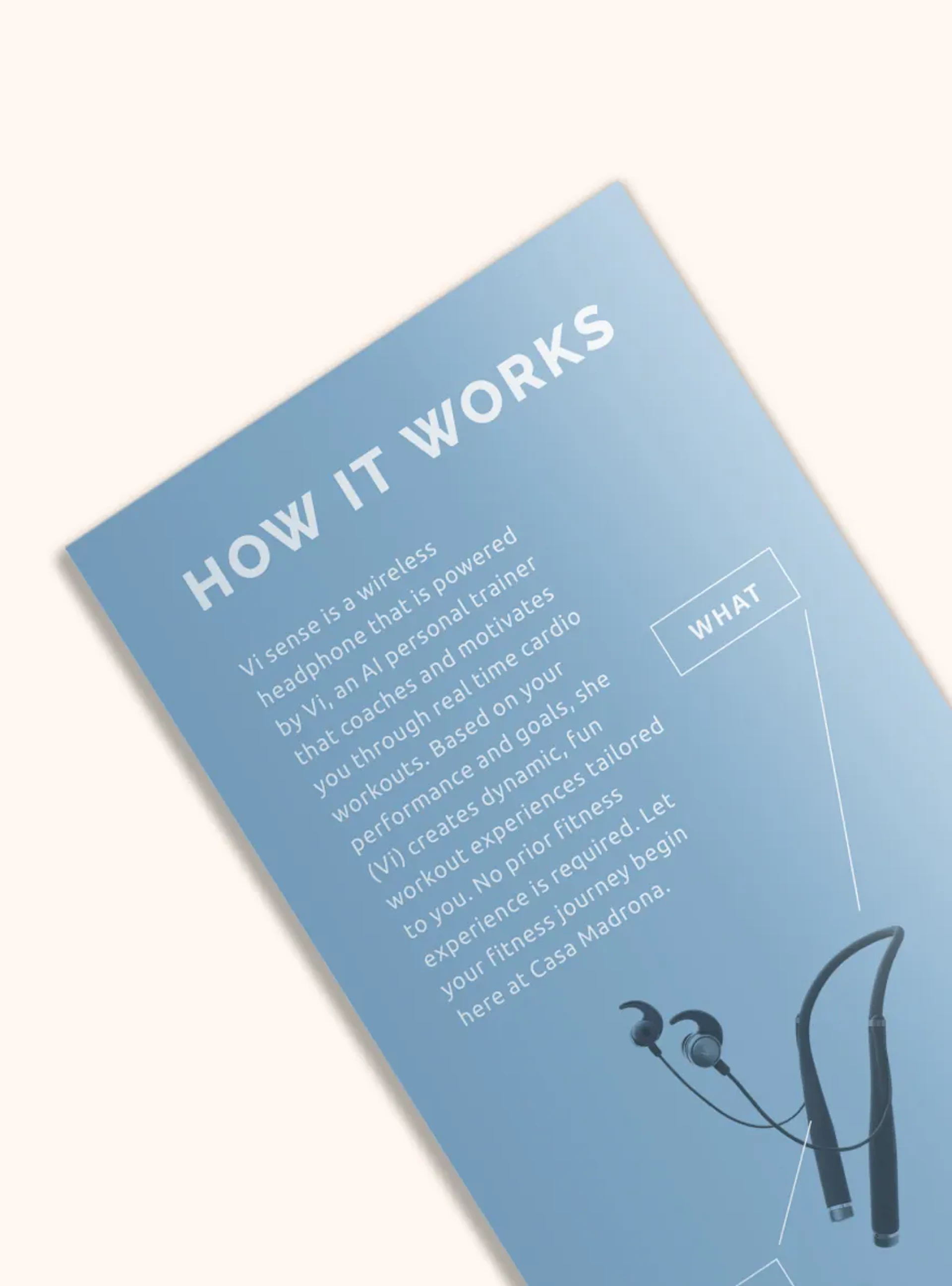 Angled brochure page describing Vi sense wireless headphones