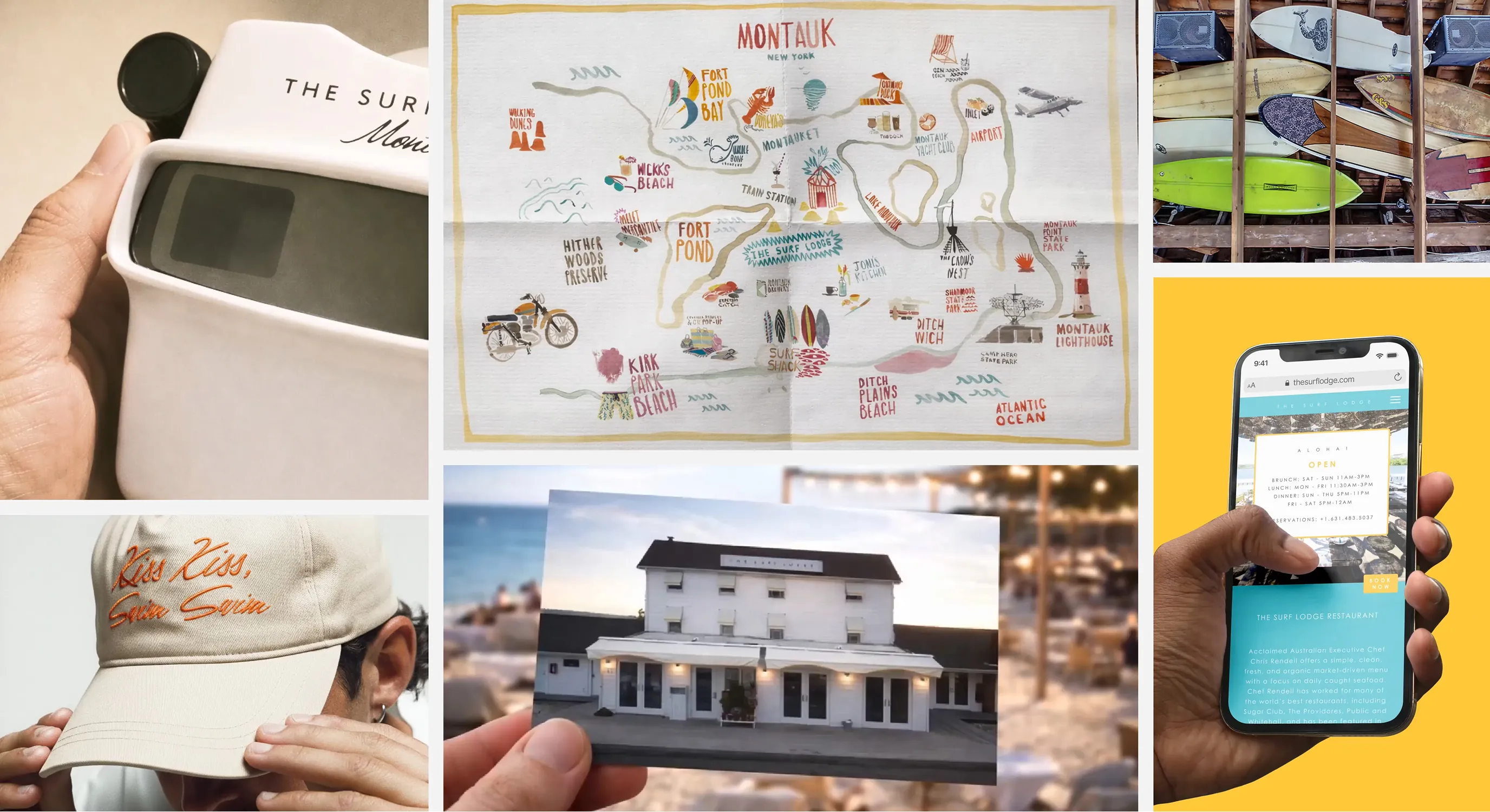 Grid of Surf Lodge branded photos: viewfinder, Montauk map, cap, surfboards, and building exterior