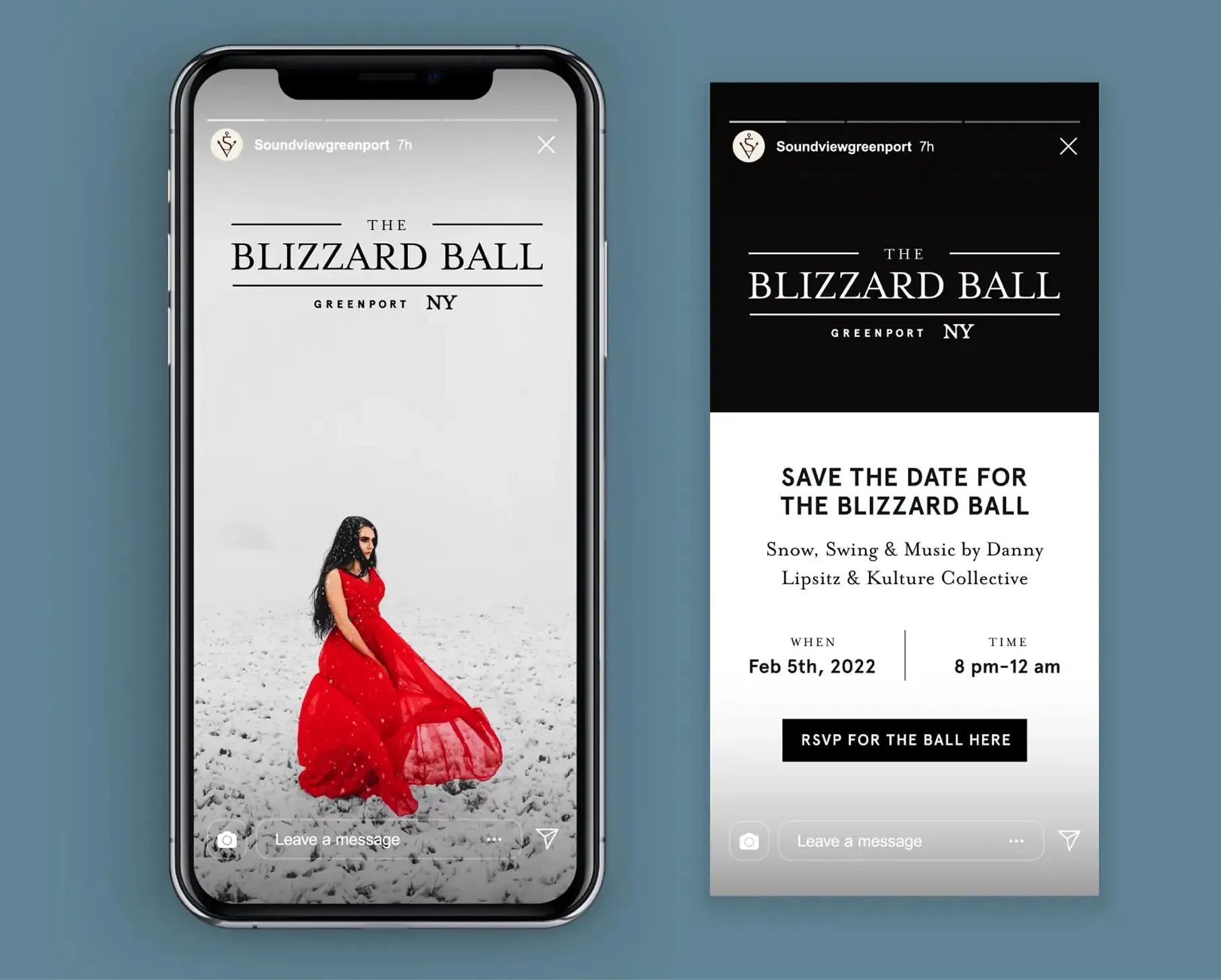 Two phone mockups of Blizzard Ball Instagram post and story