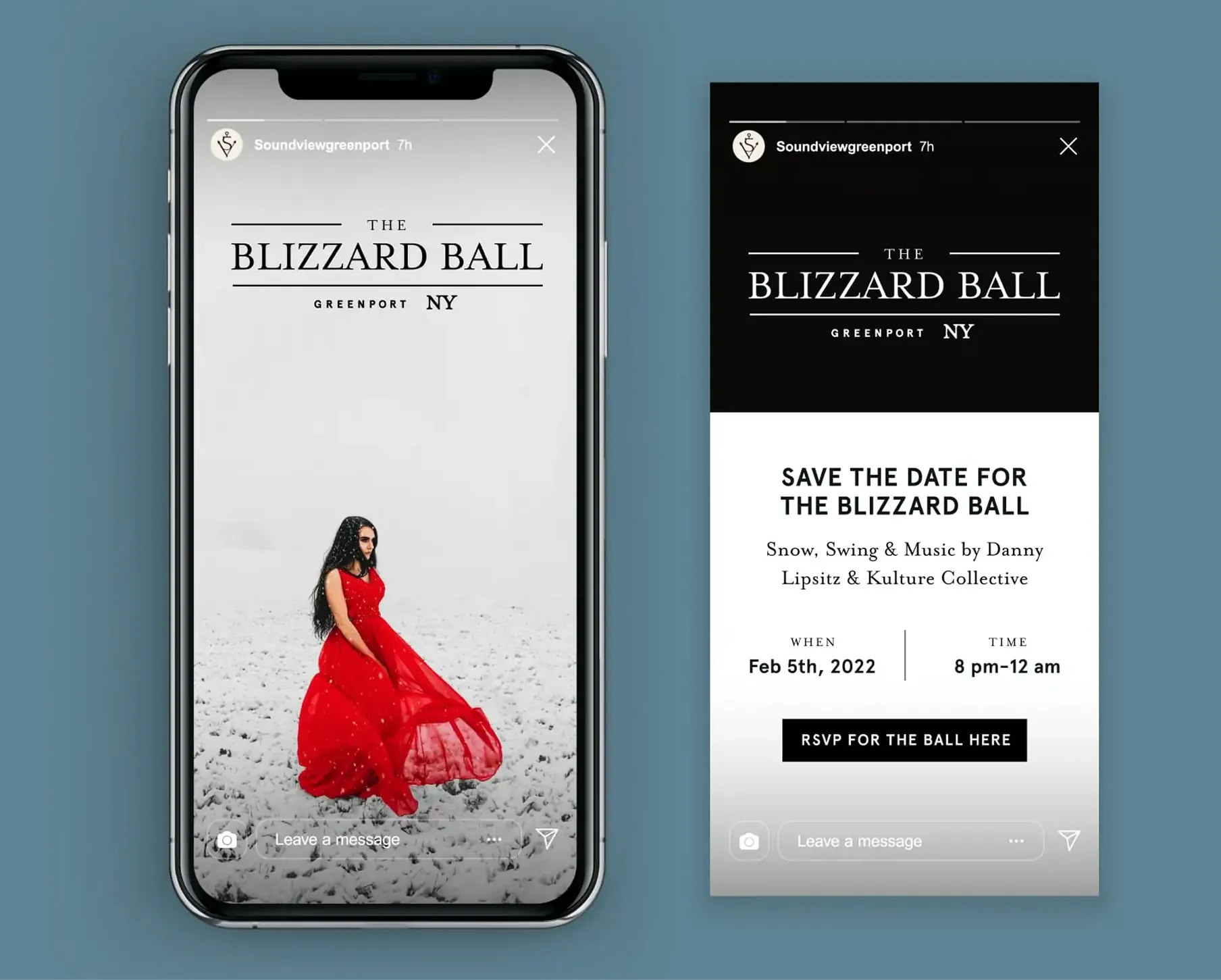 Two phone mockups of Blizzard Ball Instagram post and story