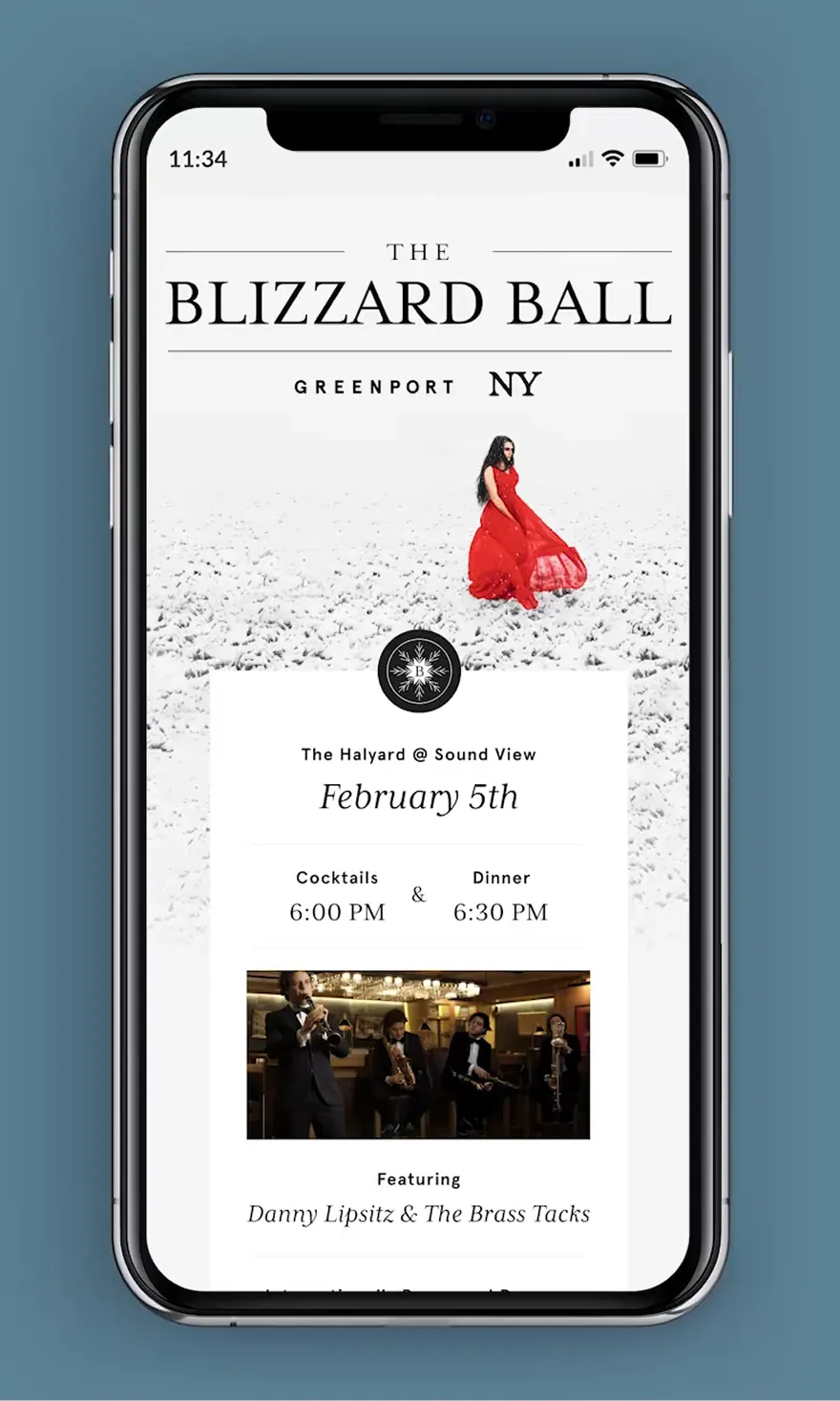 Phone mockup of Blizzard Ball event details with woman in red dress on snow