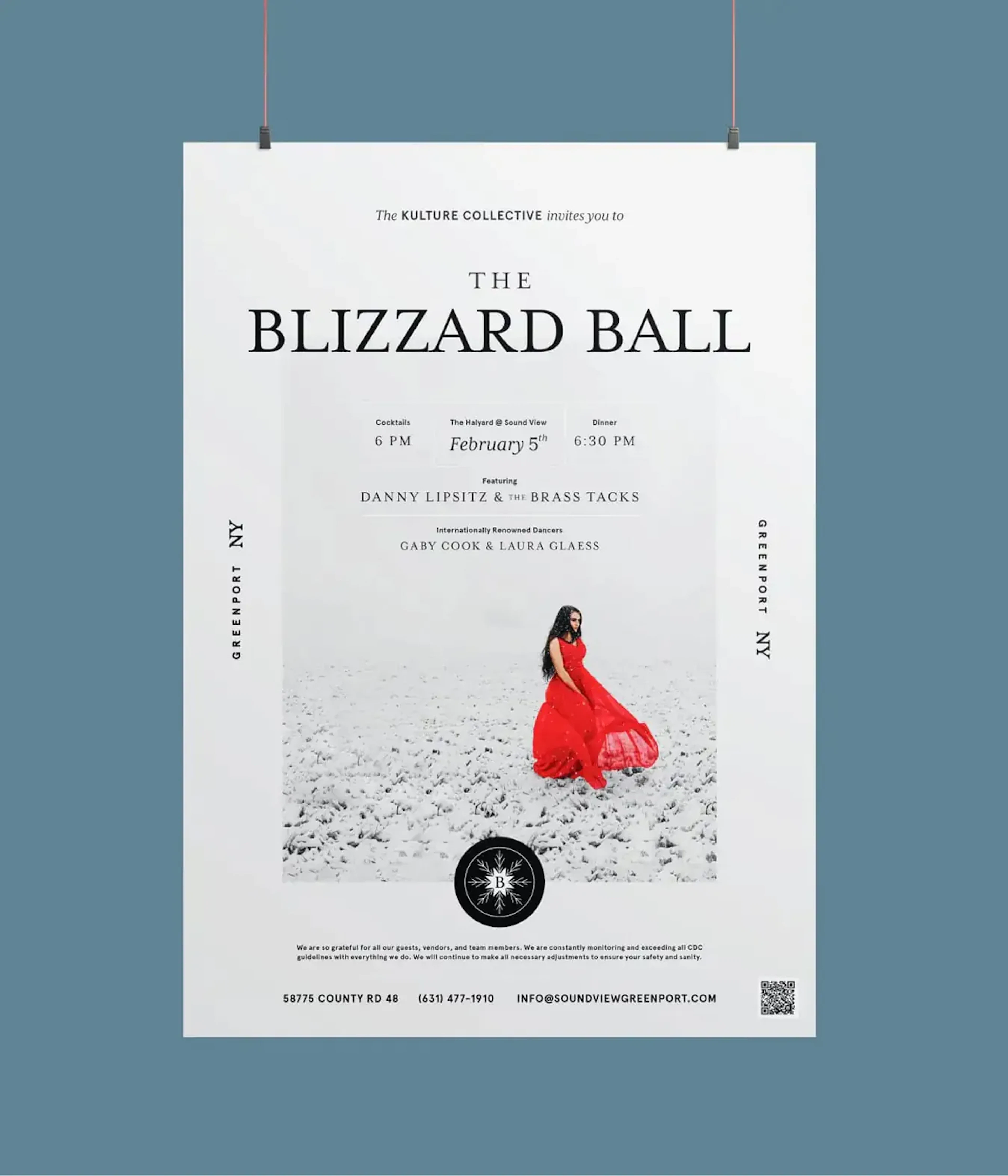 Blizzard Ball poster with woman in red dress on snowy field, hung by clips