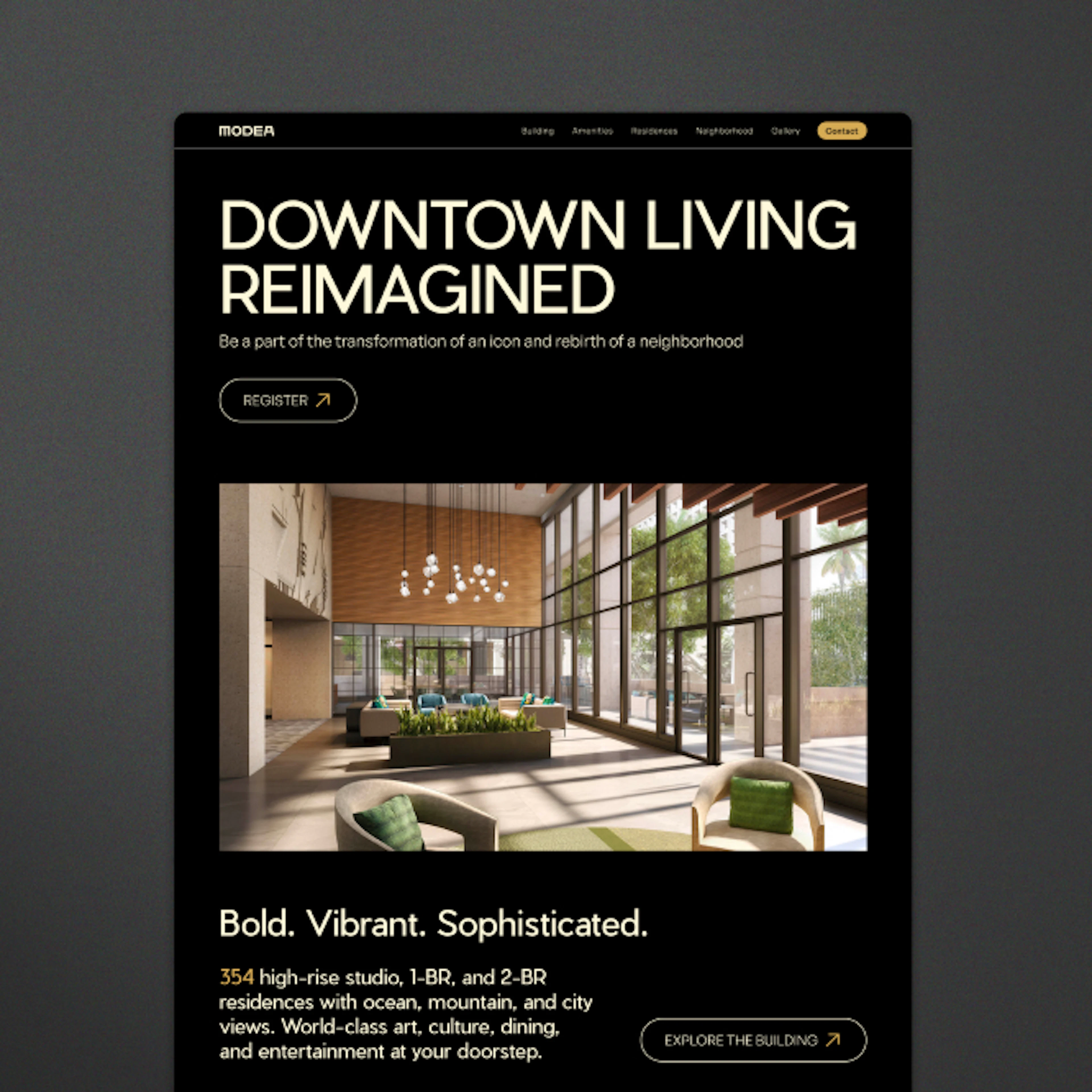 The Modea homepage layout for desktop showcasing the header which says "Downtown Living Reimagined" and a modern lobby image.