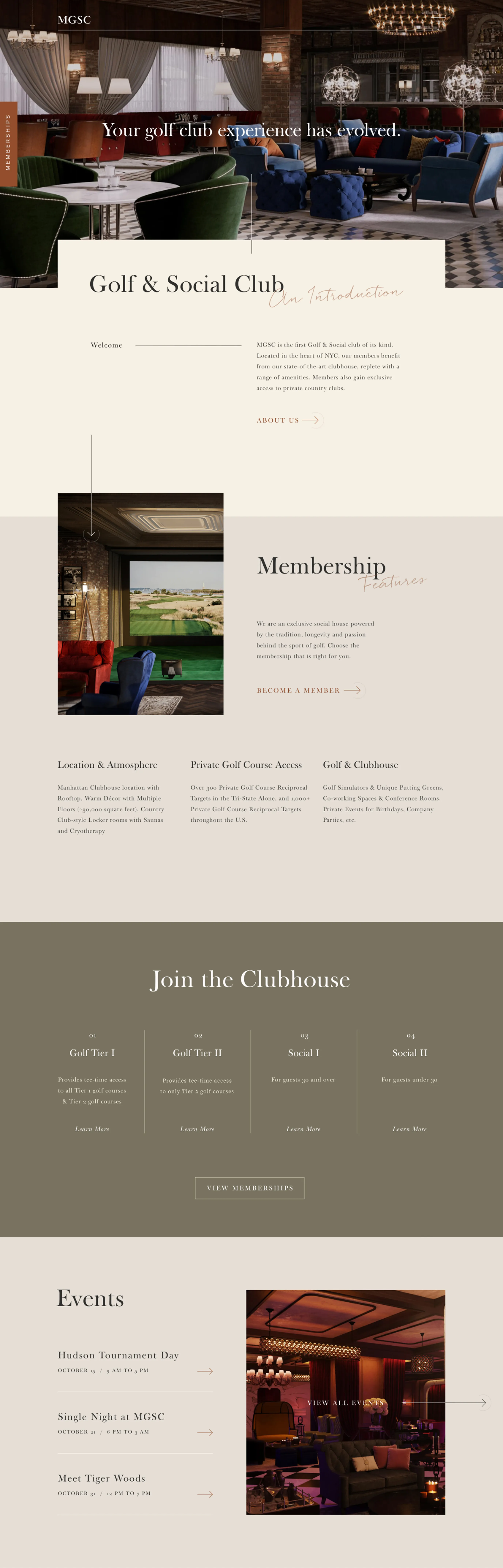 MGSC website homepage mockup with lounge photo and membership sections