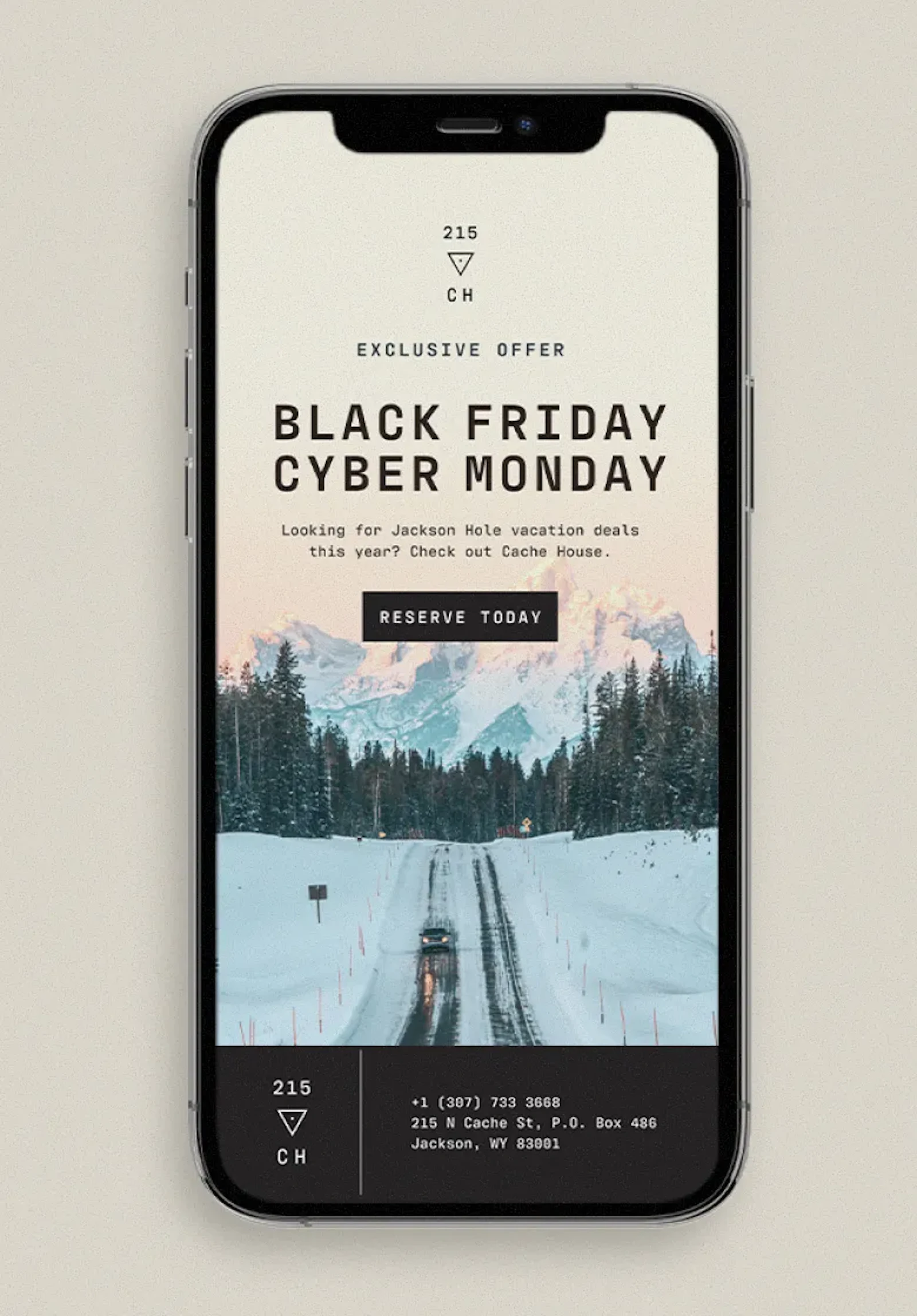 Phone mockup of Cache House Black Friday Cyber Monday offer over snowy road