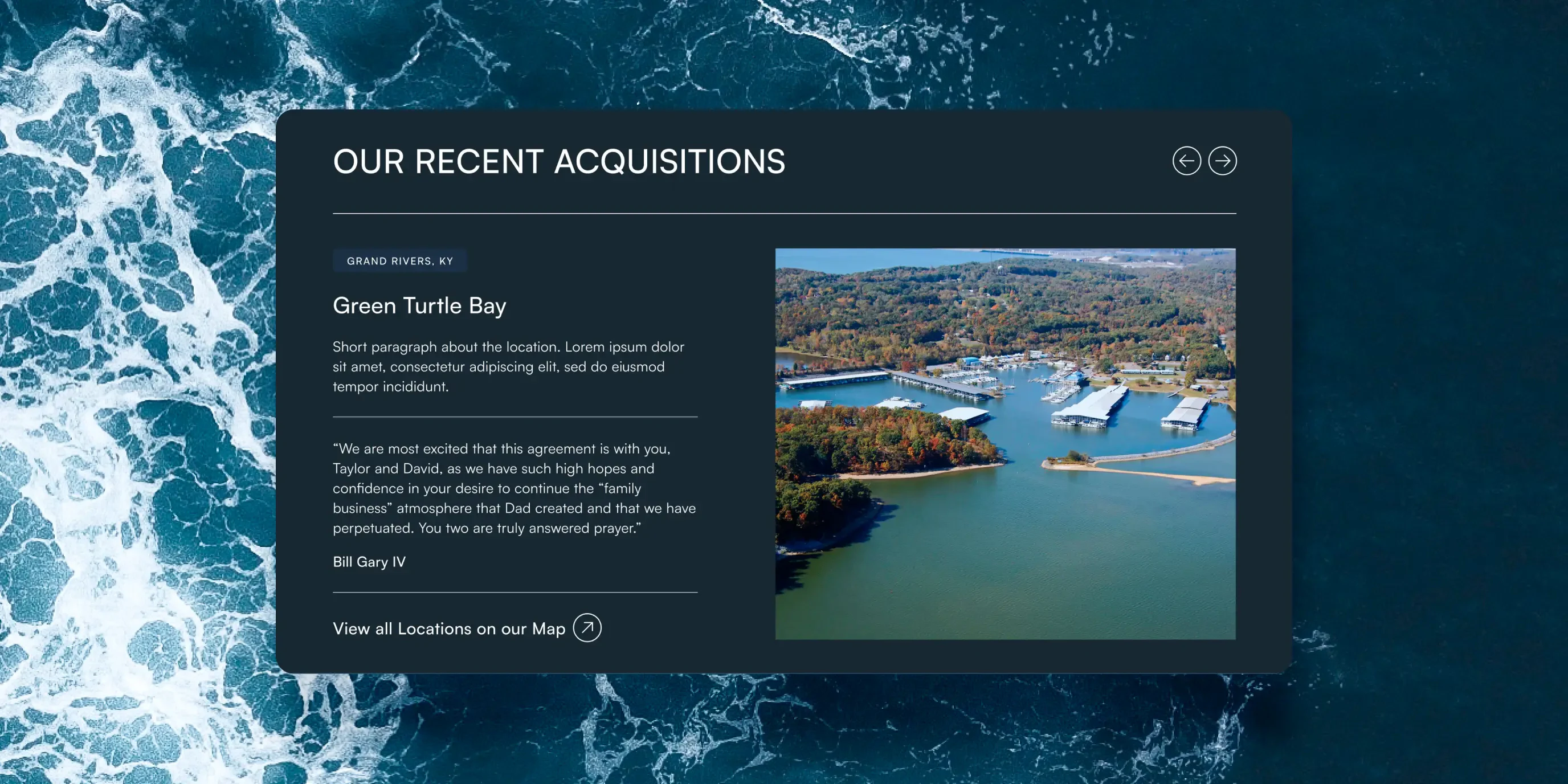 Image of a section of the website sitting on top of a body of water waves crashing on the left side of the image.