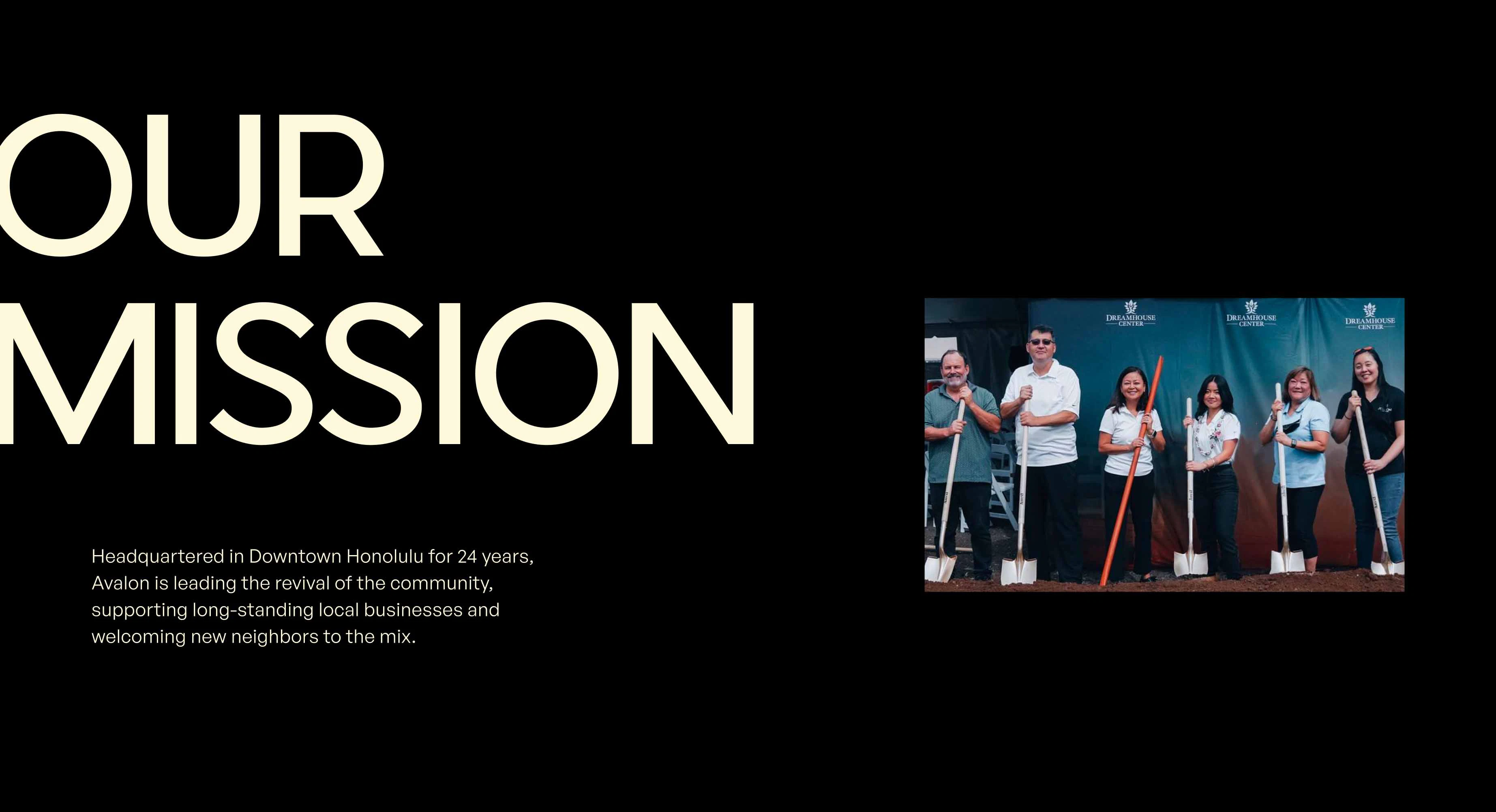 A Modea Our Mission section pairing oversized cream typography with text on Avalon's 24 years headquartered in Downtown Honolulu, beside a groundbreaking photo of the team holding shovels.