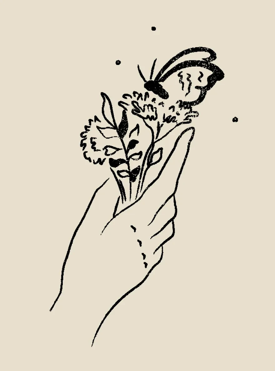 Line drawing of a hand holding flowers and a butterfly