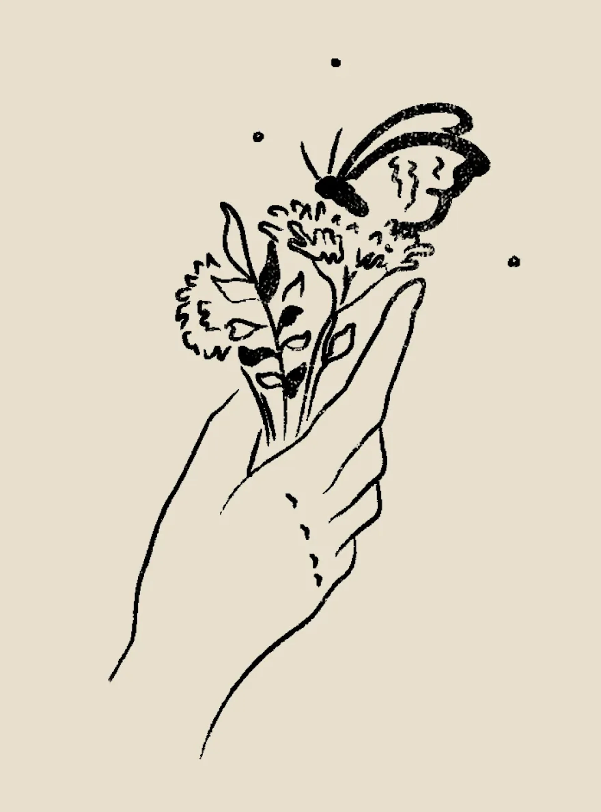 Line drawing of a hand holding flowers and a butterfly