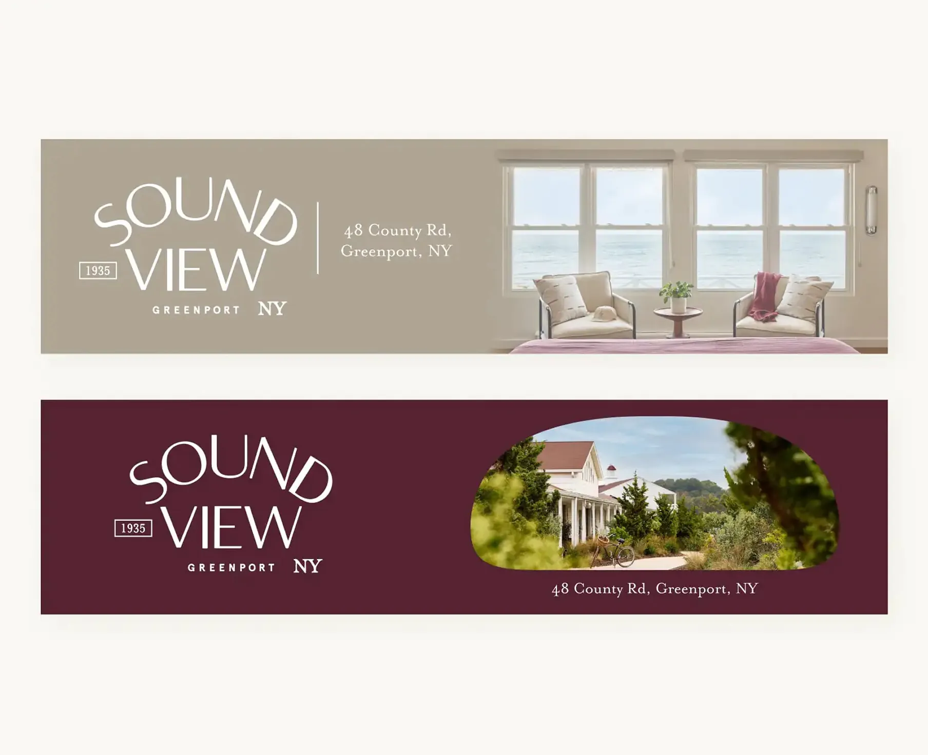 Two Sound View banner ads, tan and maroon, with oceanview room and exterior photos