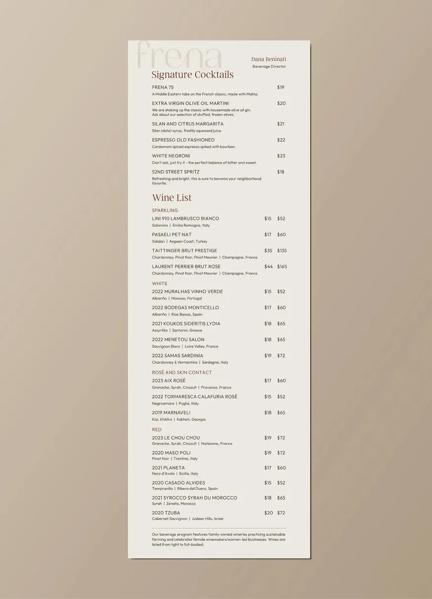 Frena cocktail and wine list on a table