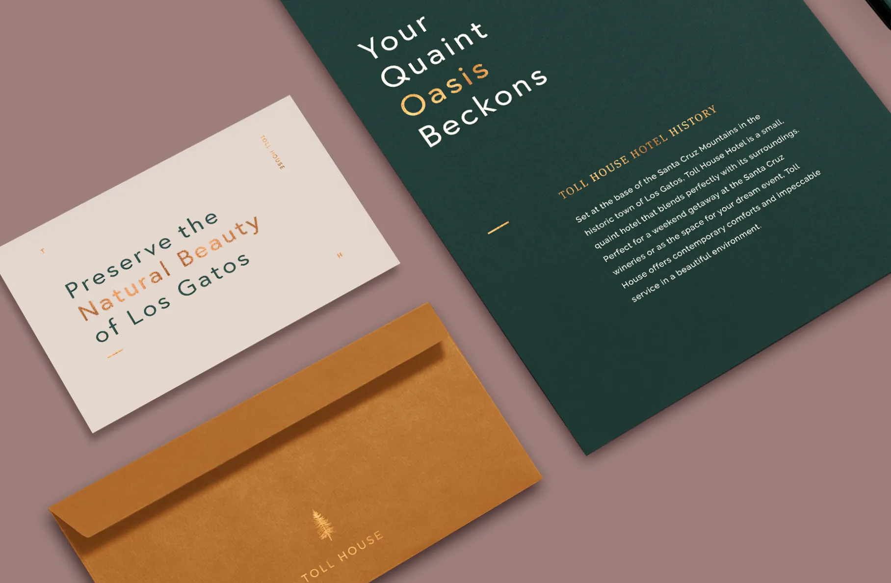 Toll House postcard and folded brochure on a mauve surface with kraft envelope