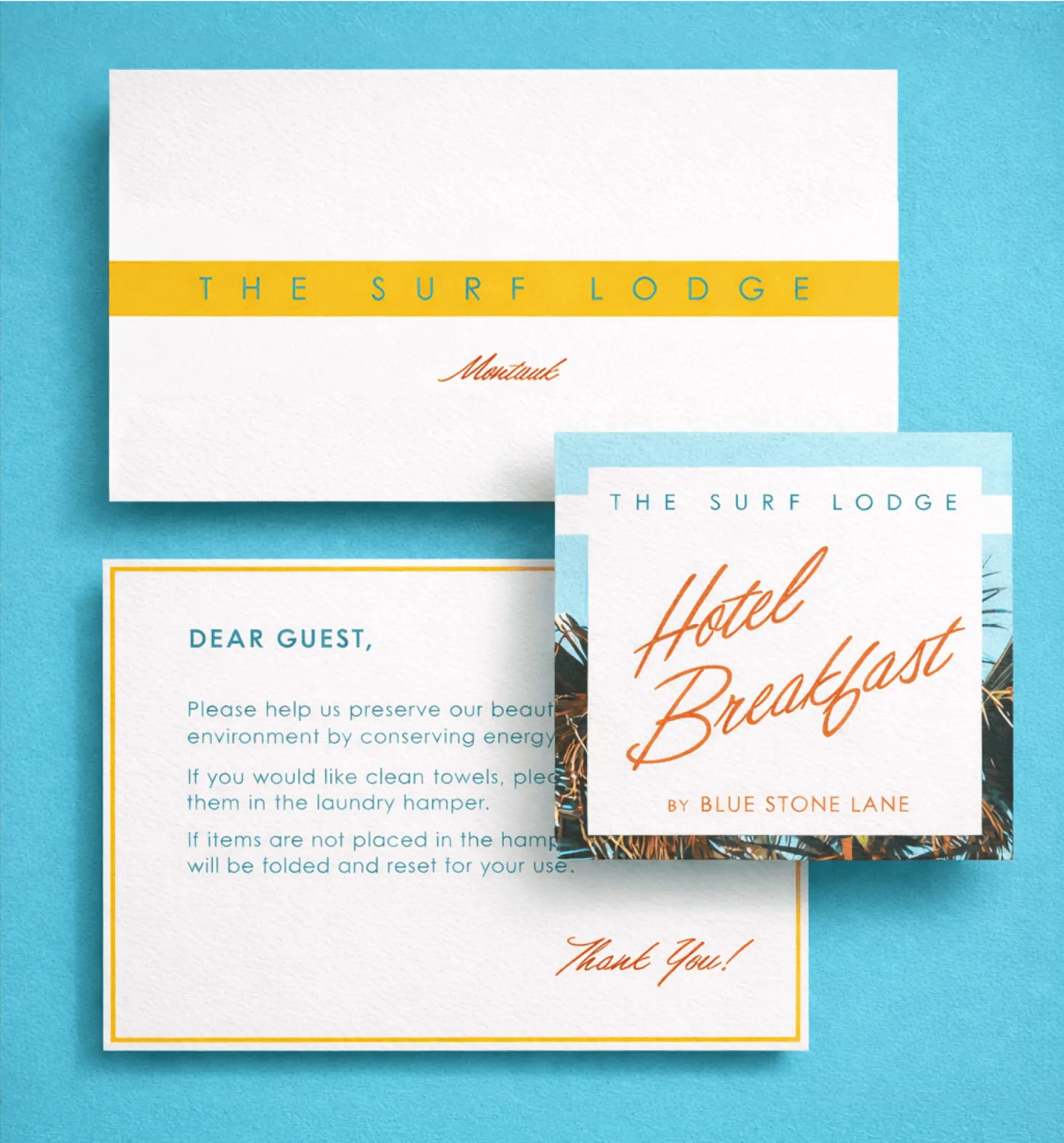 Surf Lodge print materials on a blue background.