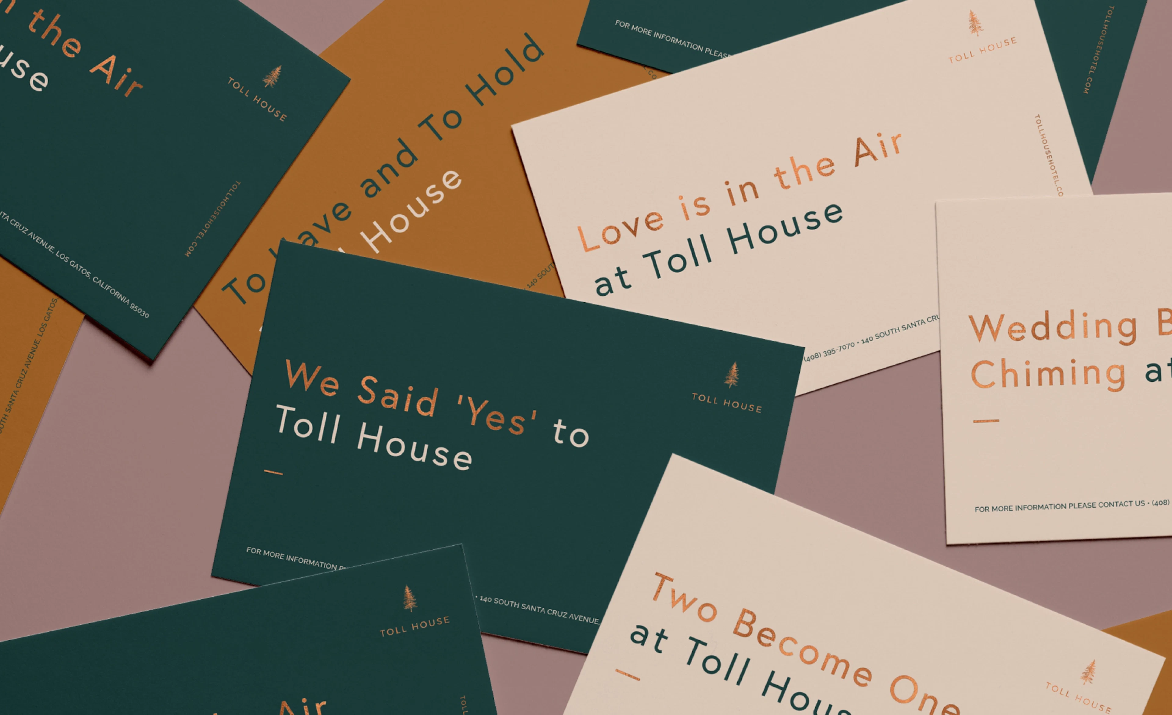 Scattered Toll House wedding invitation cards in green, orange, and cream