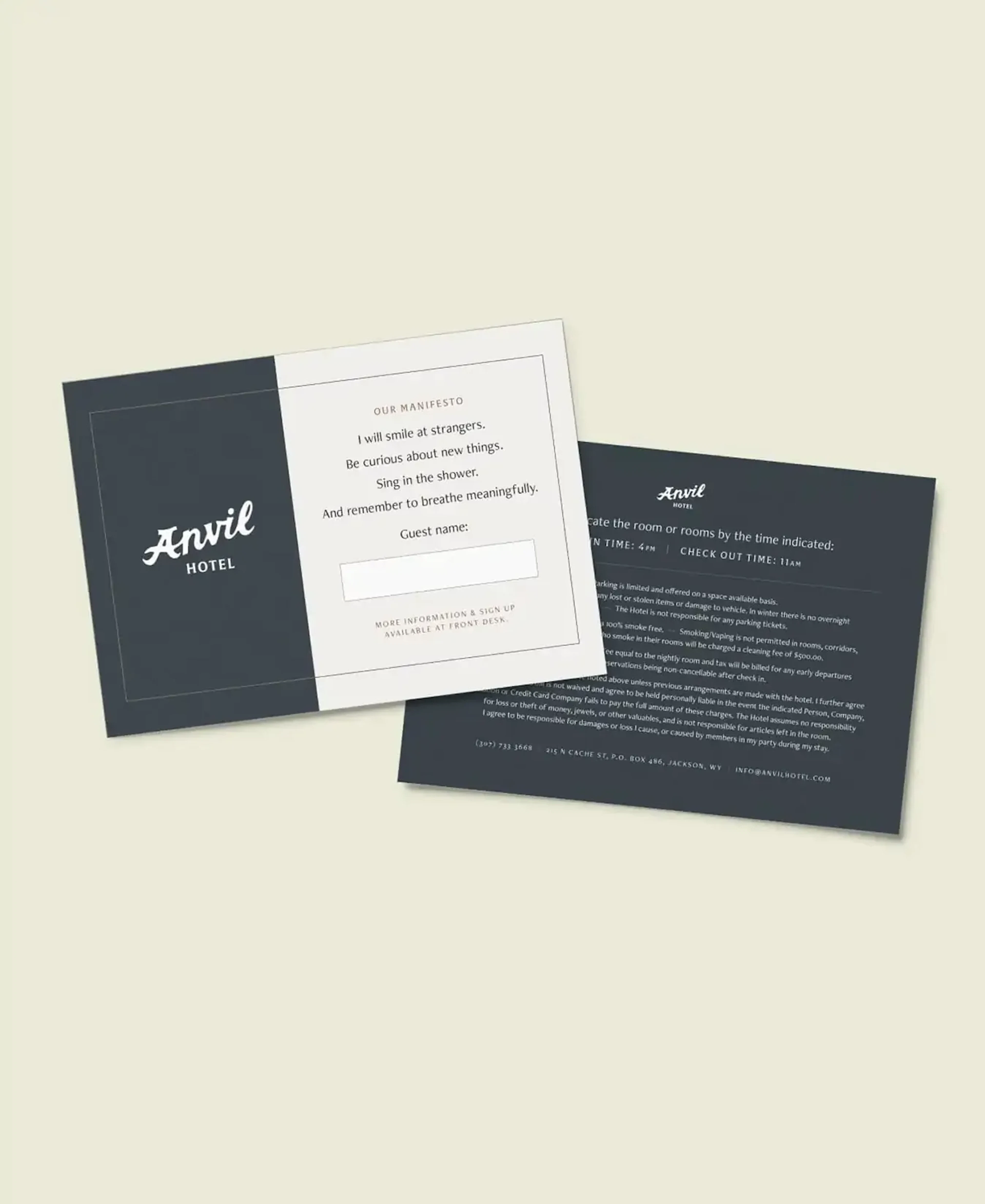 Anvil Hotel manifesto and guest information cards