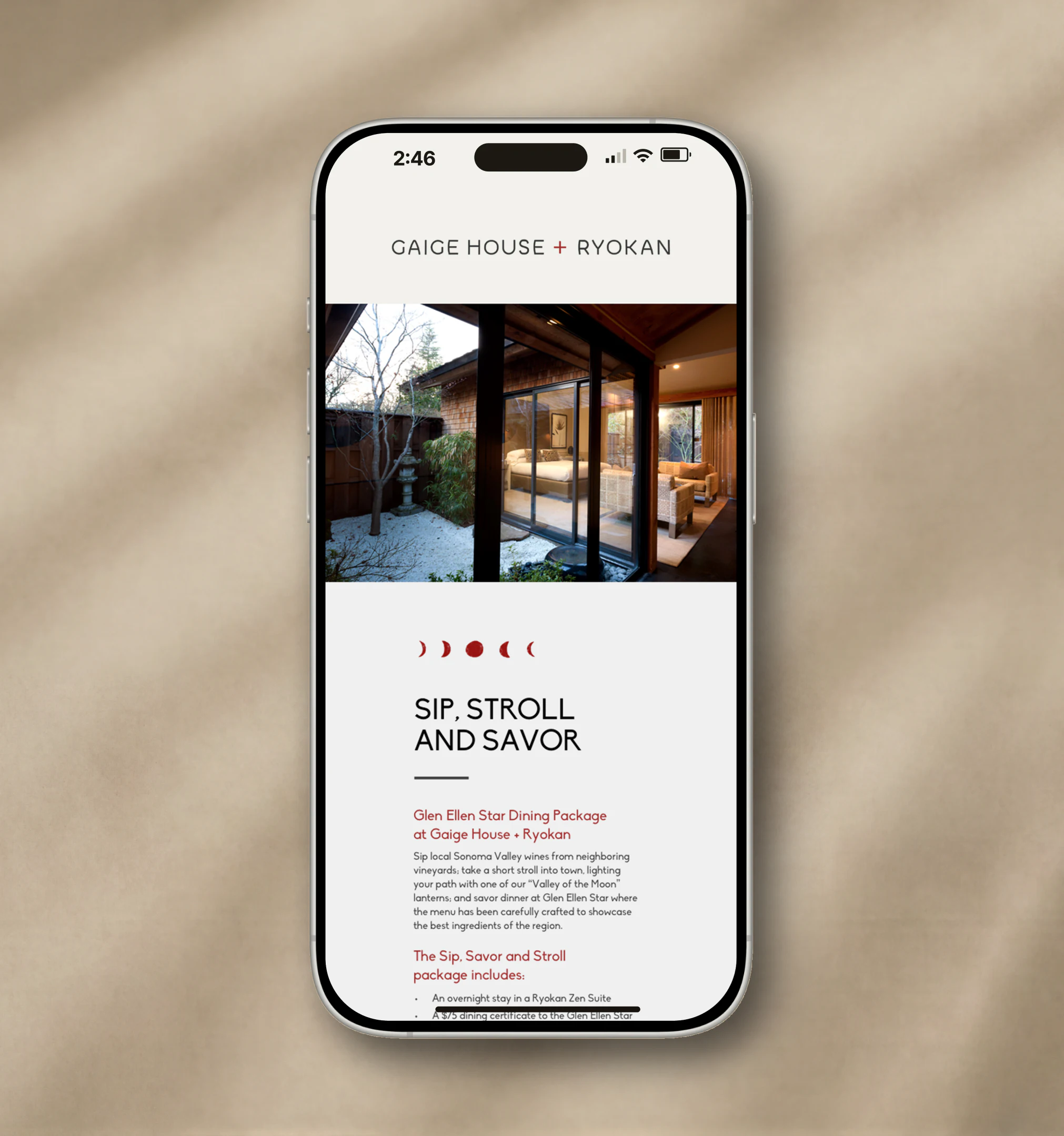 Website page mockup on a phone showing a courtyard photo