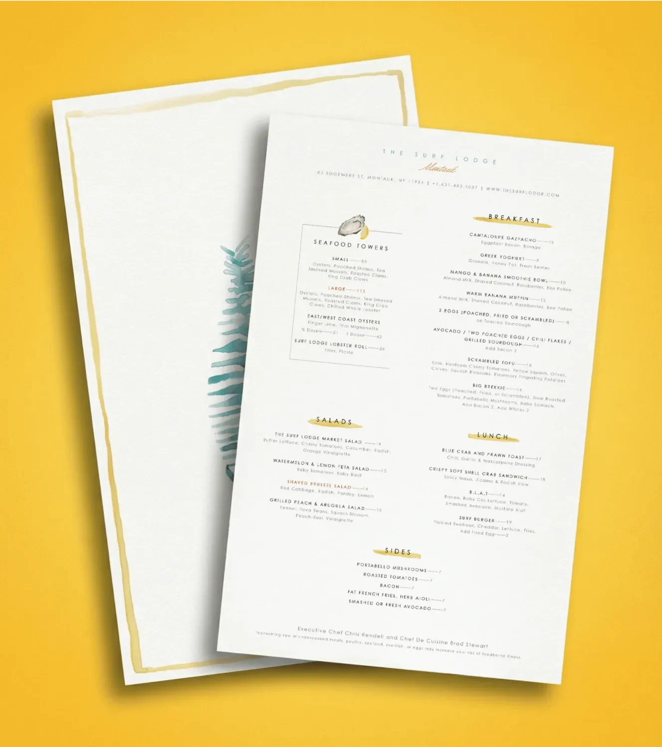 Surf Lodge food menus on a yellow background.