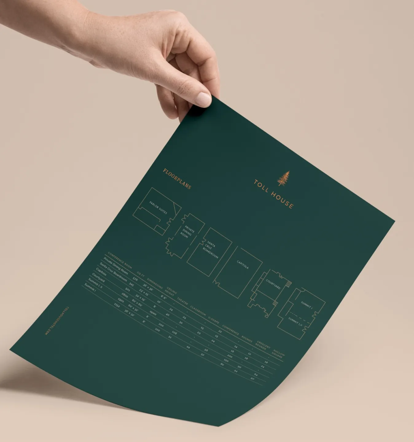 Toll House floorplan sheet held by hand, dark green with gold accents