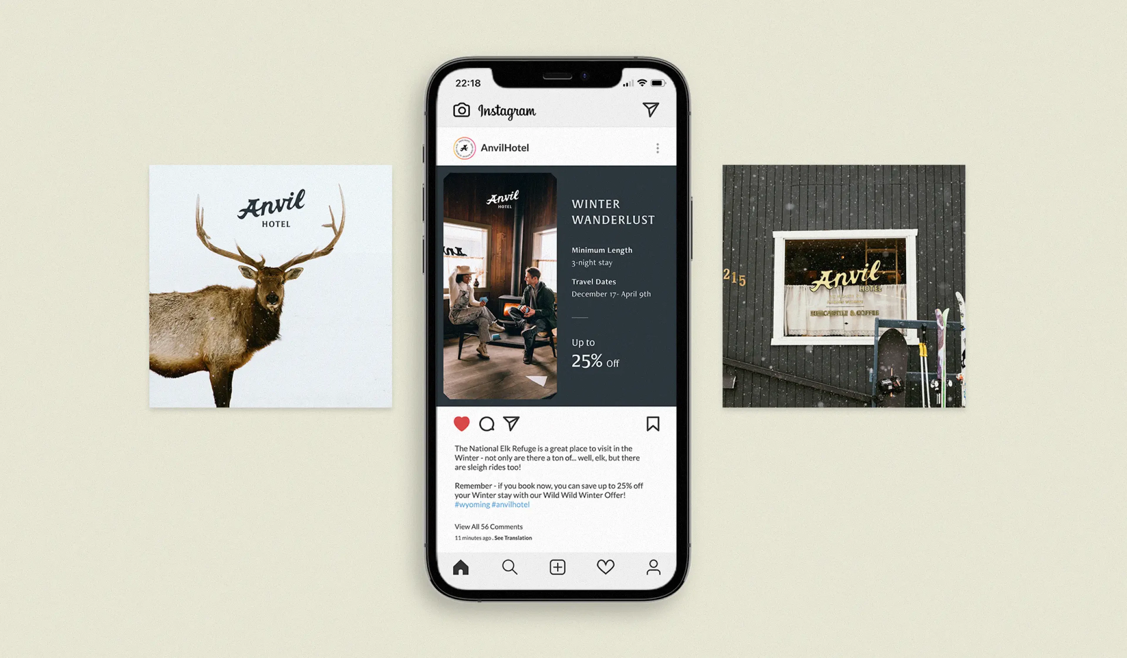 Anvil Hotel Instagram post mockups with logo card, phone, and storefront photo
