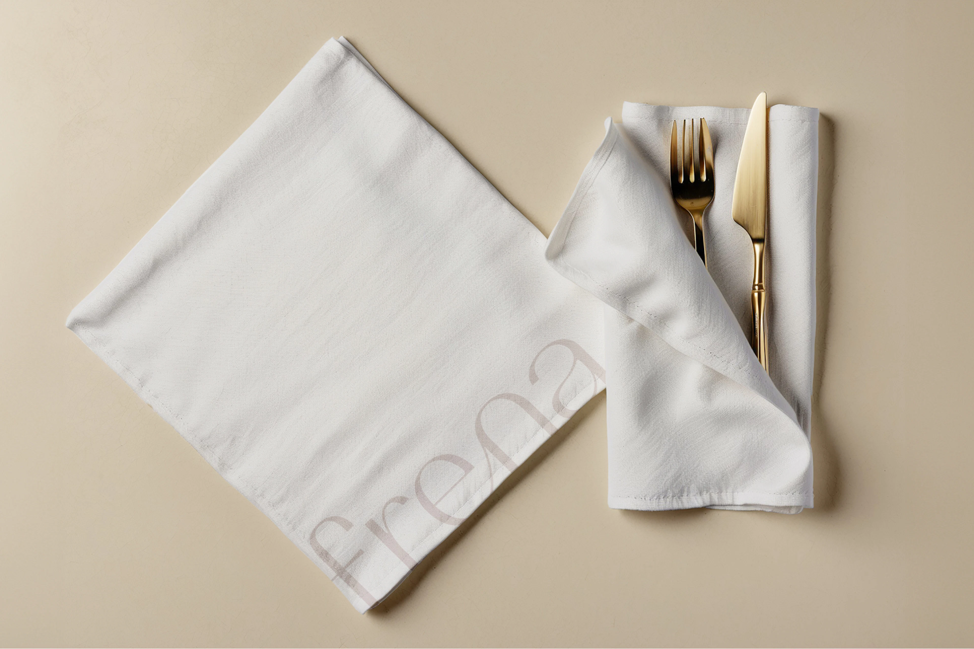 Folded white napkin with gold cutlery beside embroidered Frena napkin