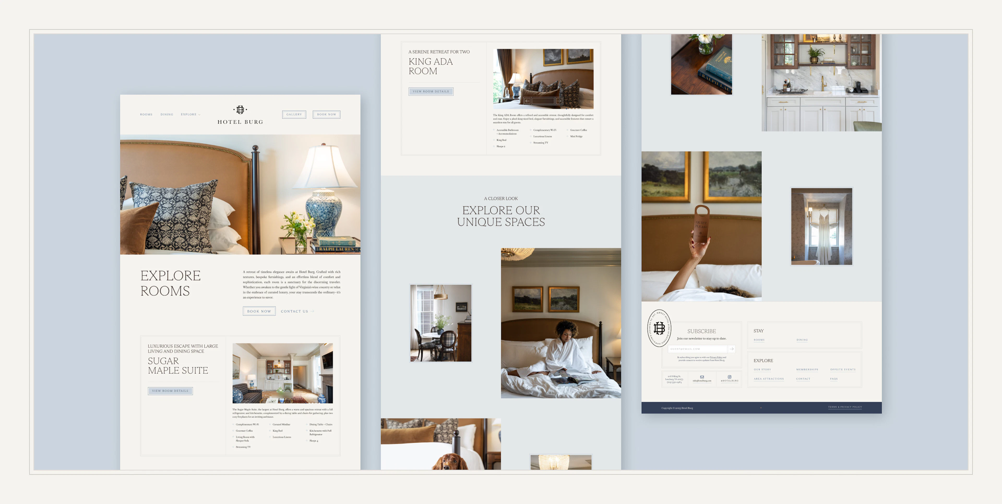 Hotel Burg website room pages mockup in a browser window