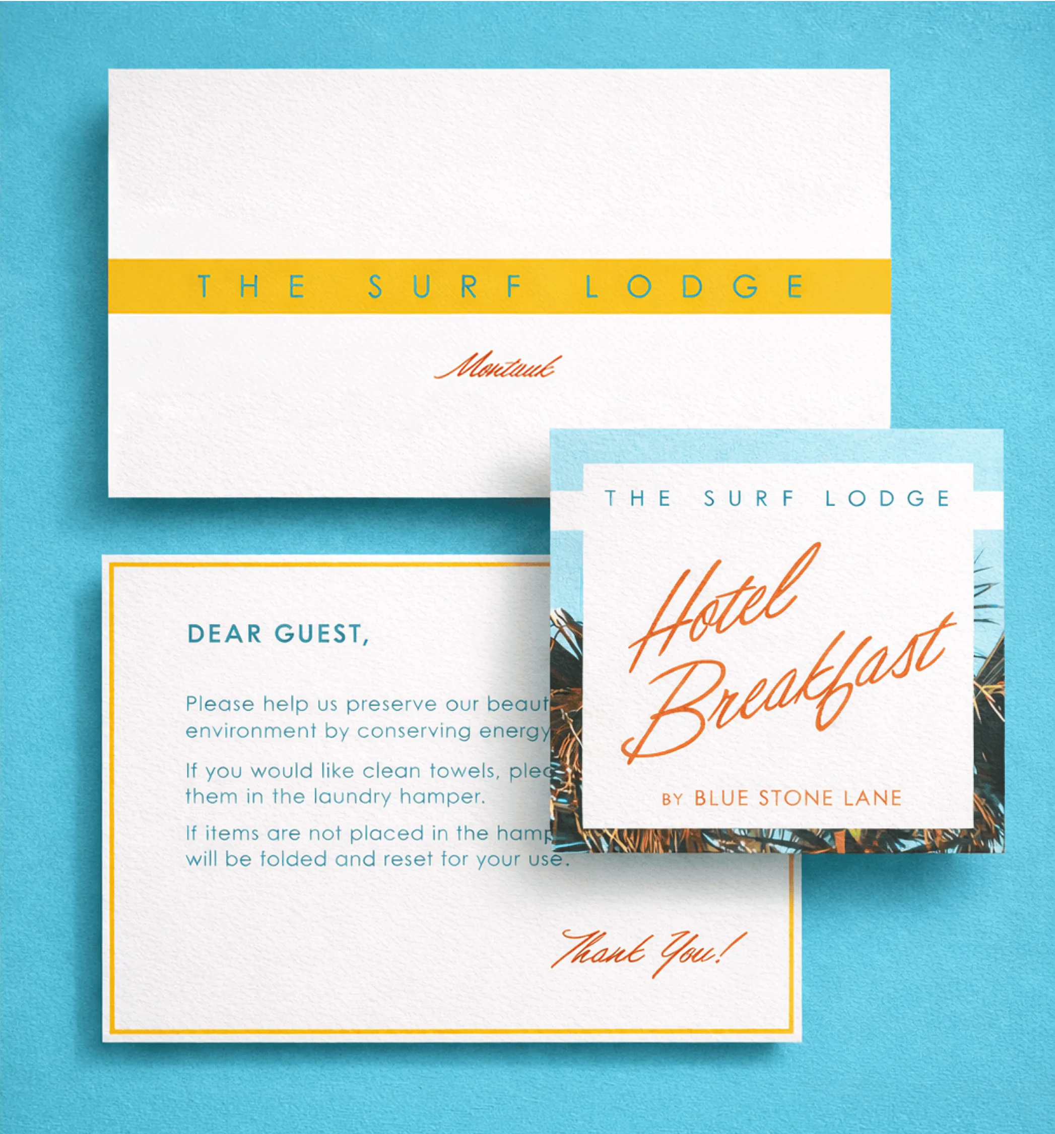 Surf Lodge print materials on a blue background.