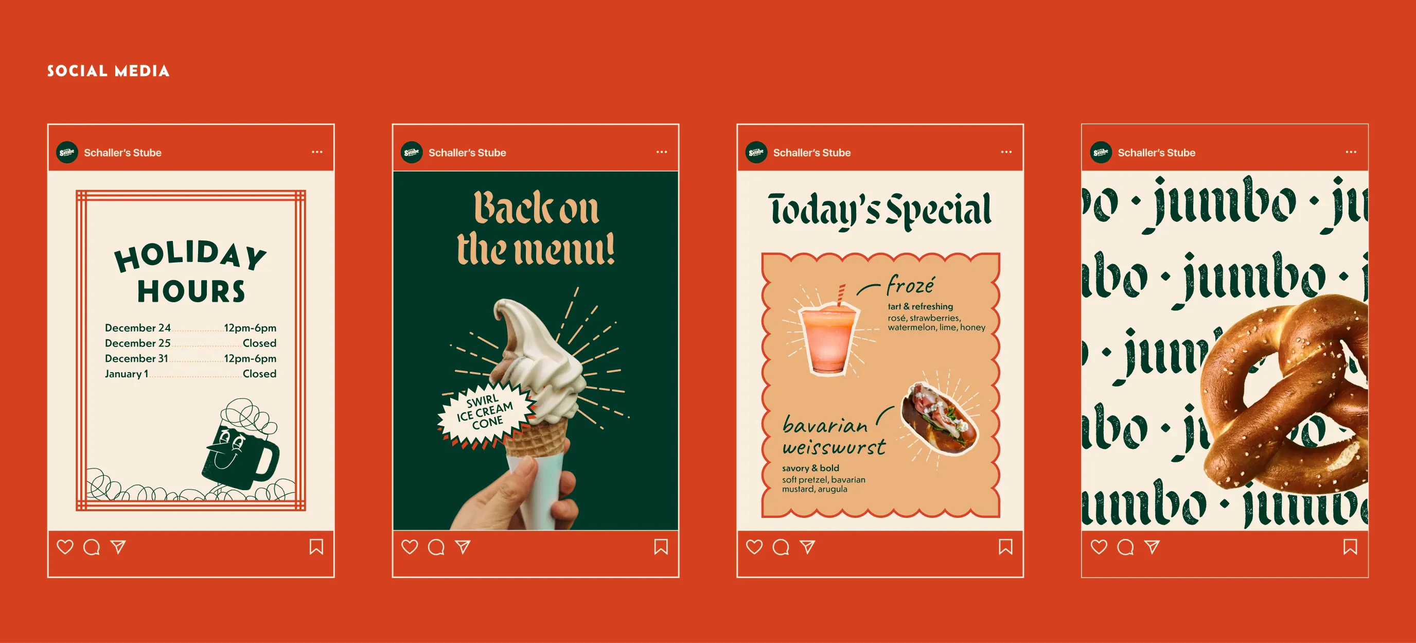 Four Instagram post mockups for Schaller's Stube in red, cream, and green