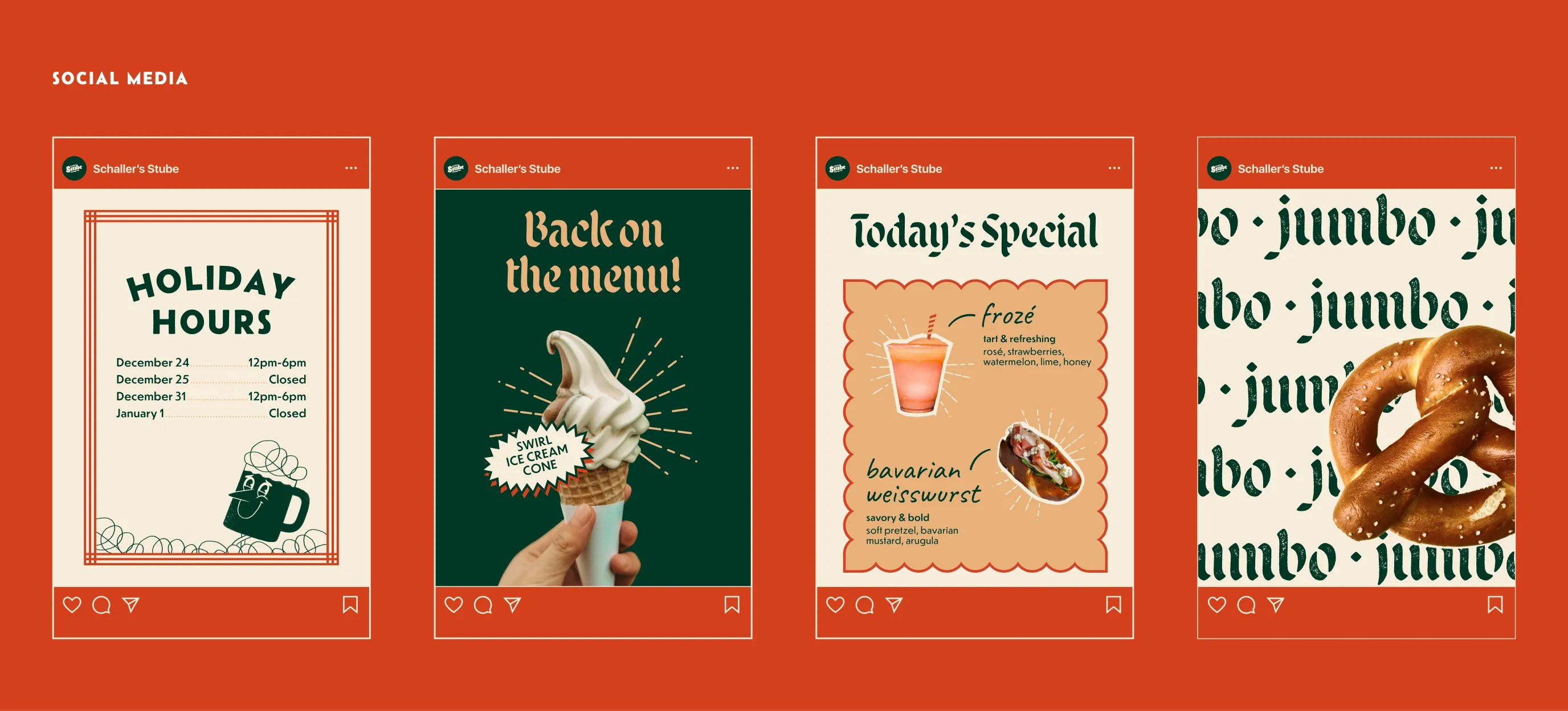 Four Instagram post mockups for Schaller's Stube in red, cream, and green