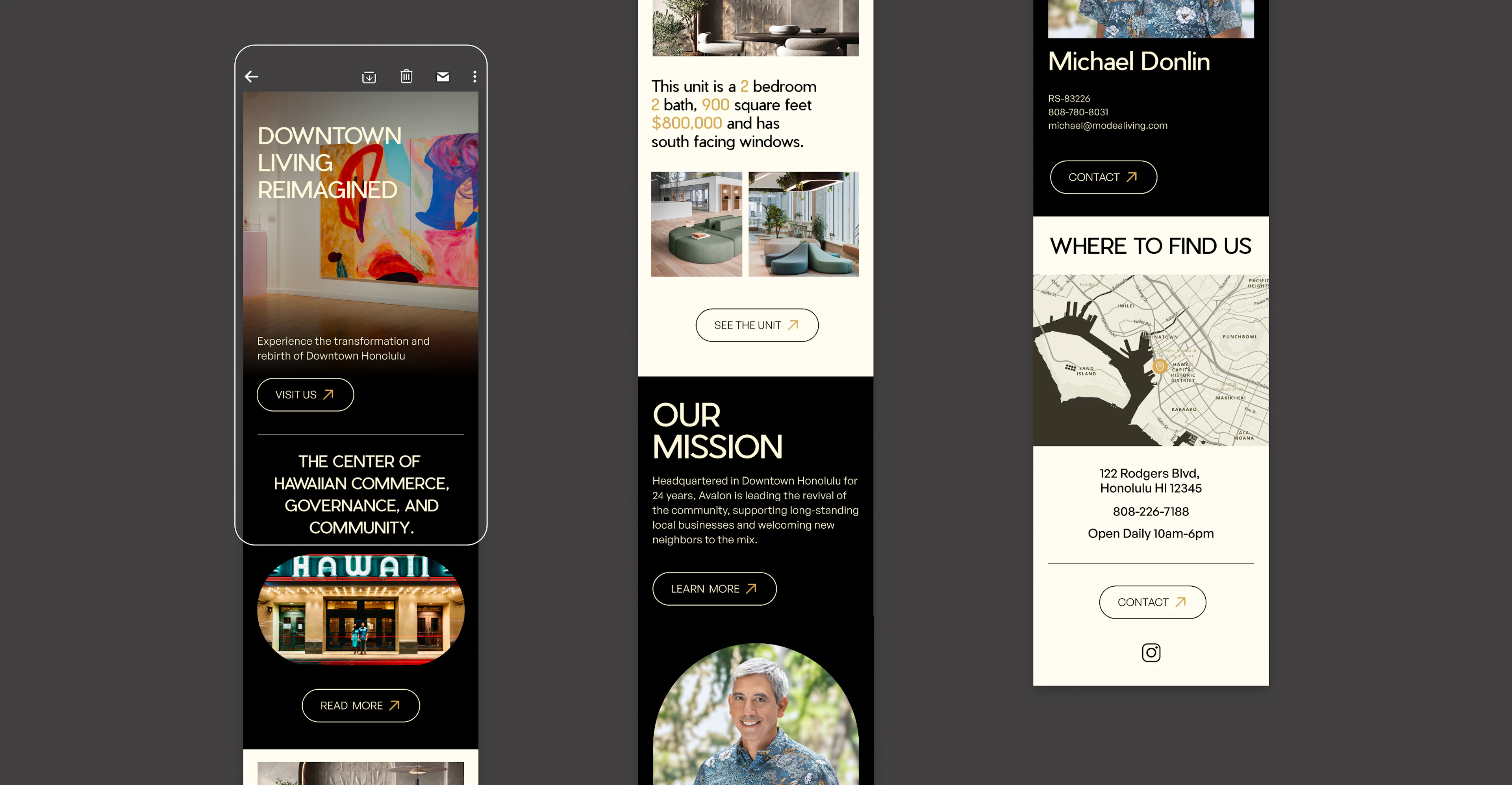 Three Modea mobile webpage screenshots on a dark background, showing the Downtown Living Reimagined homepage with abstract artwork, a 2 bedroom 2 bath residence at $800,000, and sales agent Michael Donlin's contact card with a Where to Find Us map of Downtown Honolulu.