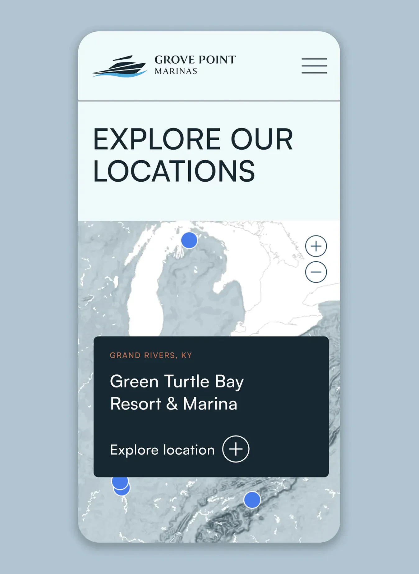 Grove Point Marinas website mockup, locations map on mobile