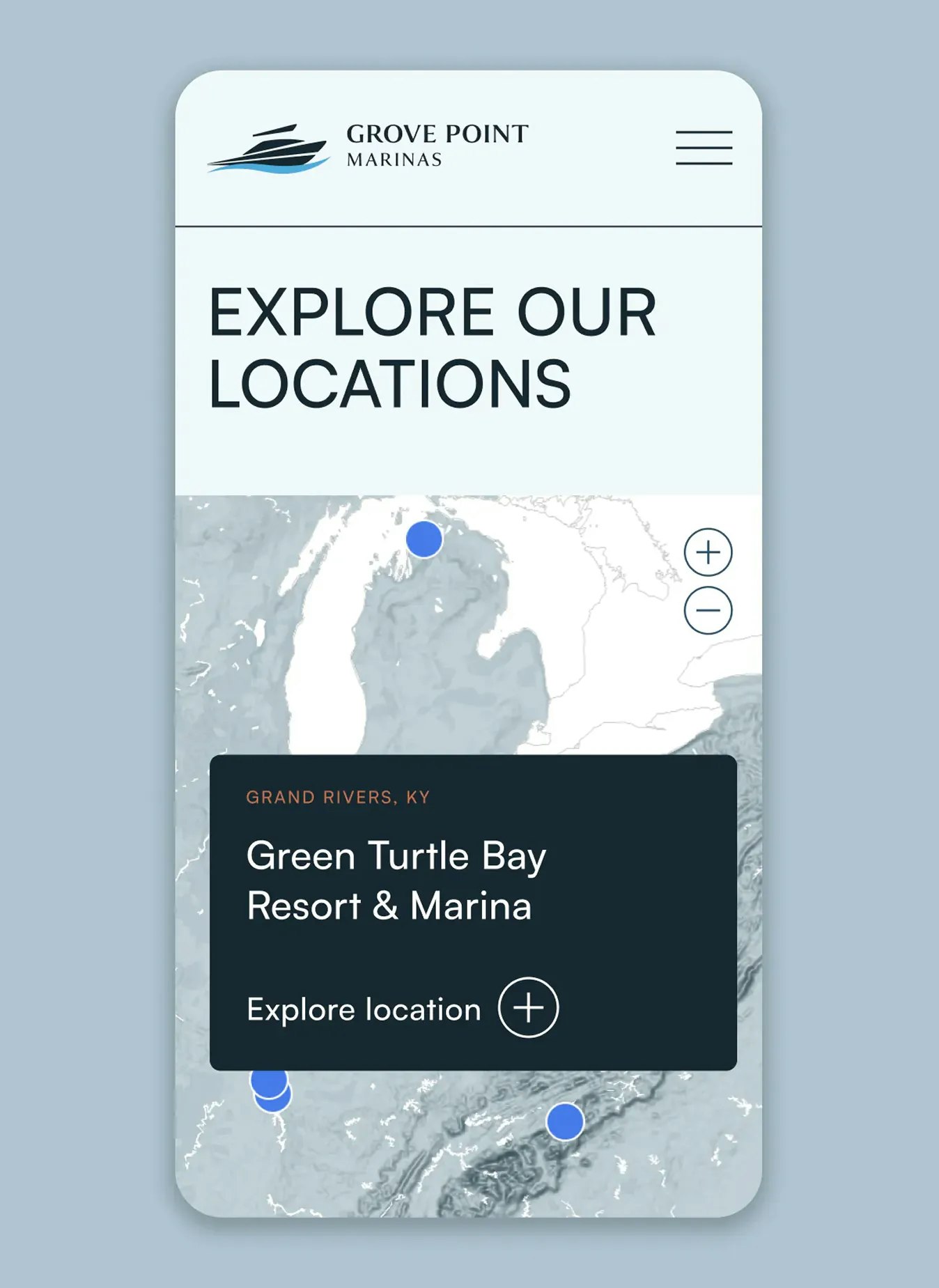 Grove Point Marinas website mockup, locations map on mobile