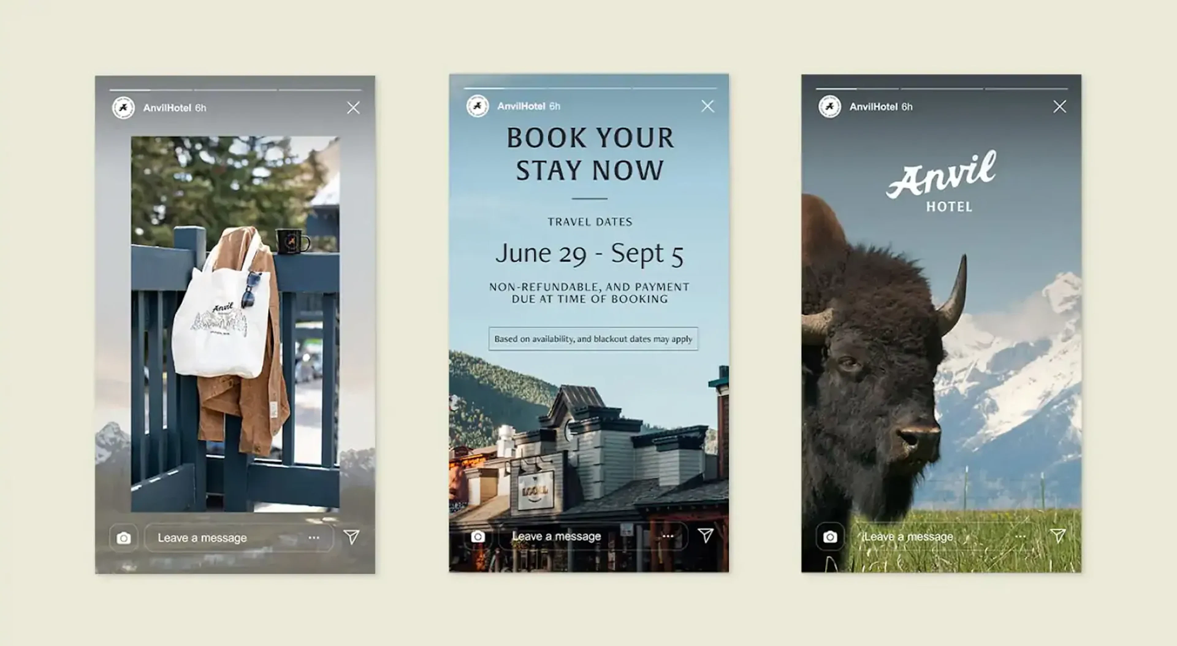 Three Anvil Hotel Instagram story mockups on phones