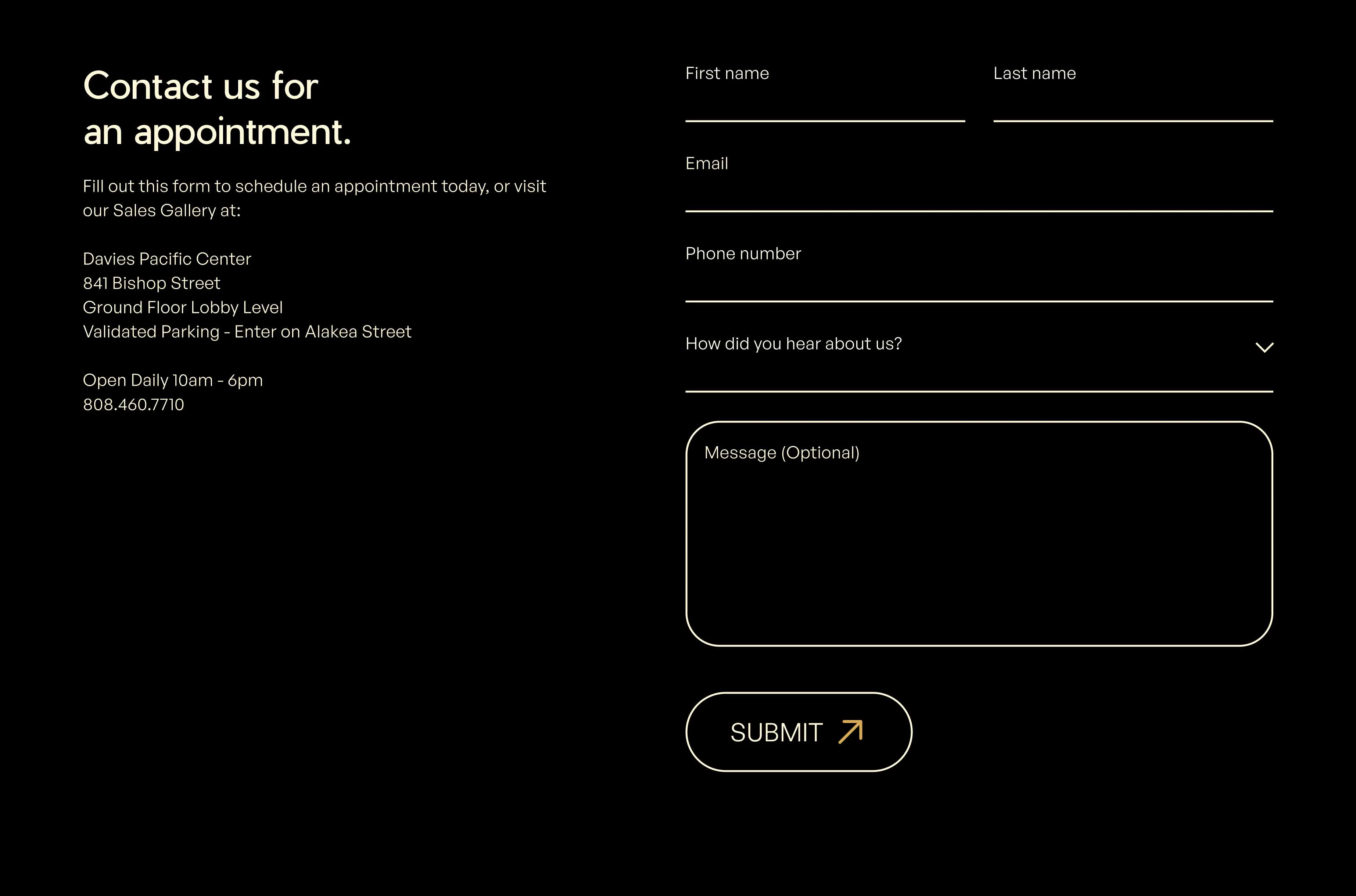 A Modea contact section on a black background, with a Contact us for an appointment form beside the Sales Gallery address at Davies Pacific Center, 841 Bishop Street, Ground Floor Lobby Level, open daily 10am to 6pm.