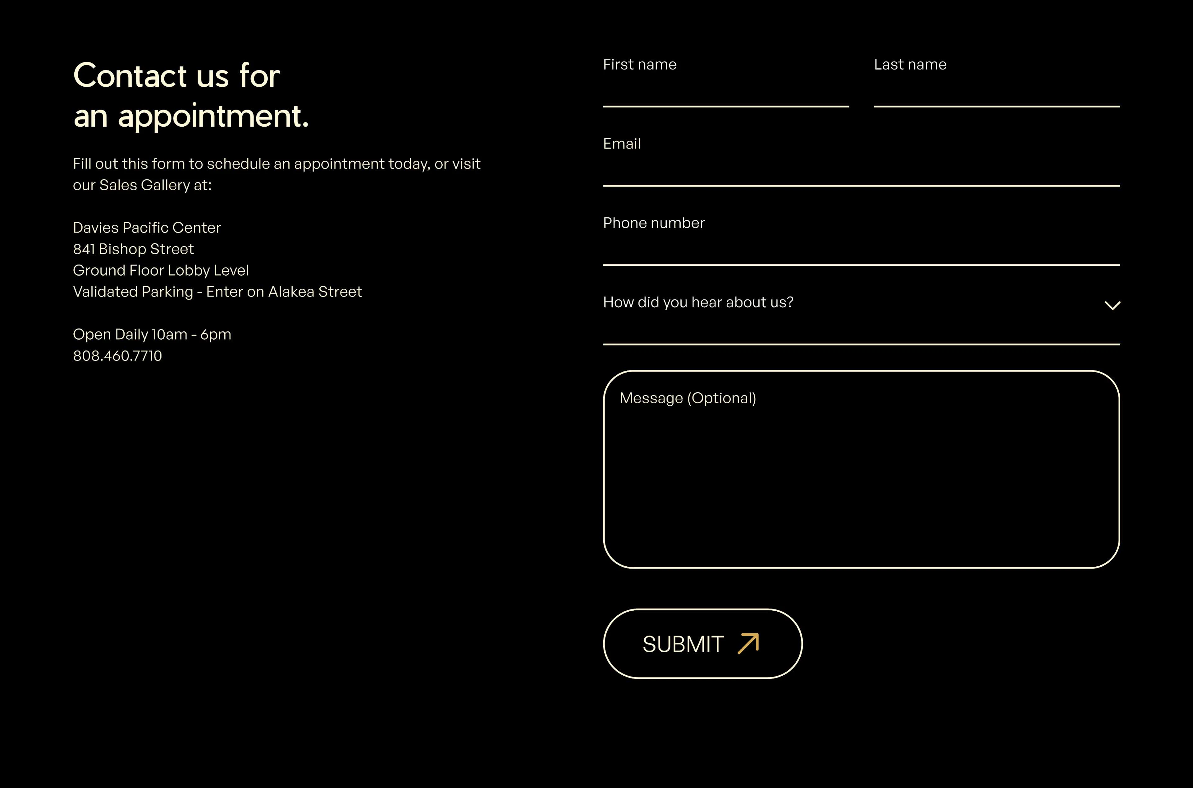 A Modea contact section on a black background, with a Contact us for an appointment form beside the Sales Gallery address at Davies Pacific Center, 841 Bishop Street, Ground Floor Lobby Level, open daily 10am to 6pm.