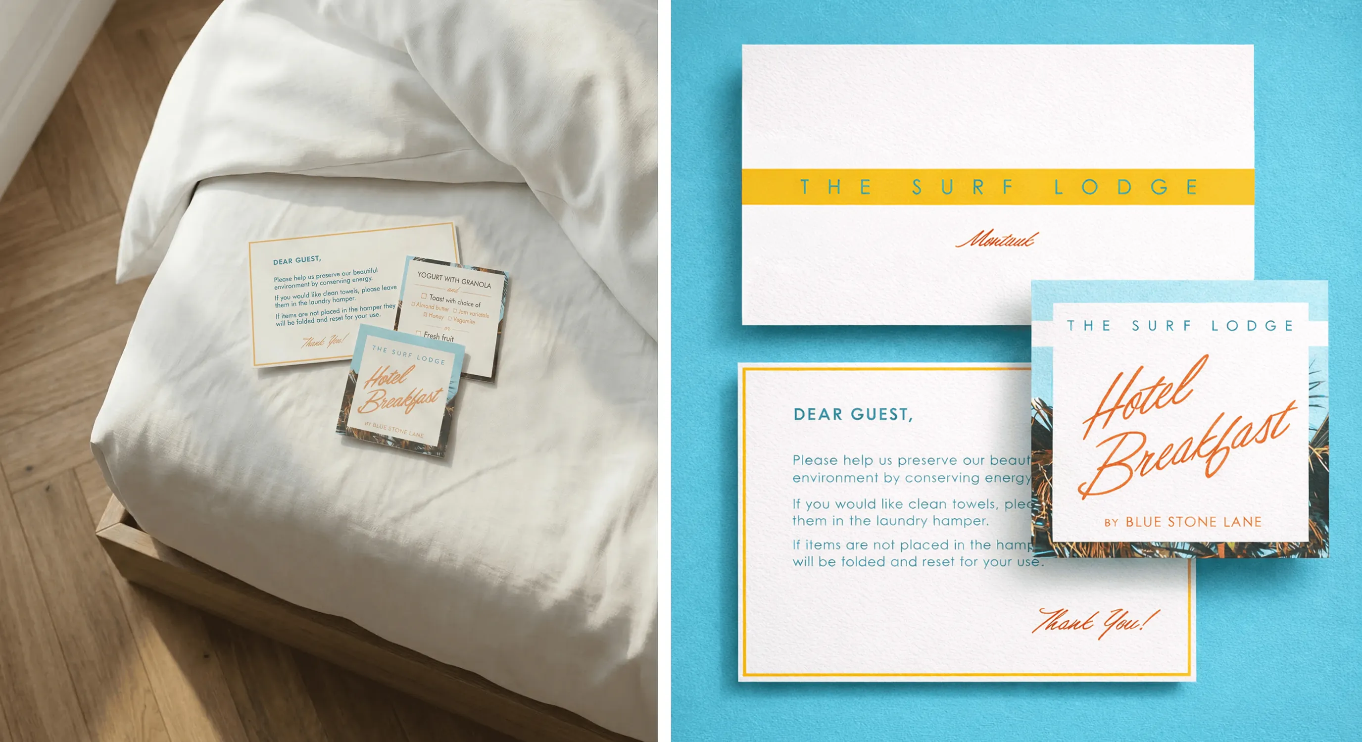 Split image of hotel guest cards on a bed, and The Surf Lodge breakfast card set on blue