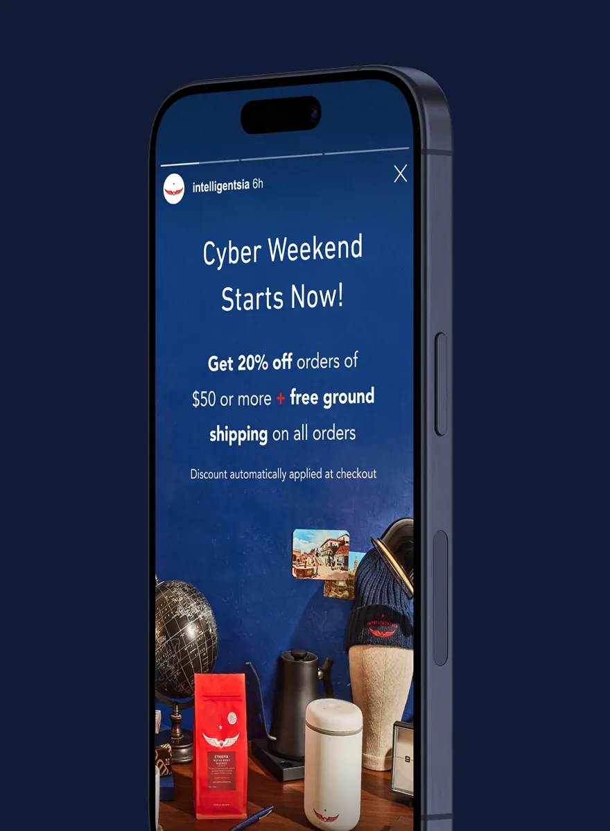 Phone mockup of an Intelligentsia Cyber Weekend Instagram story