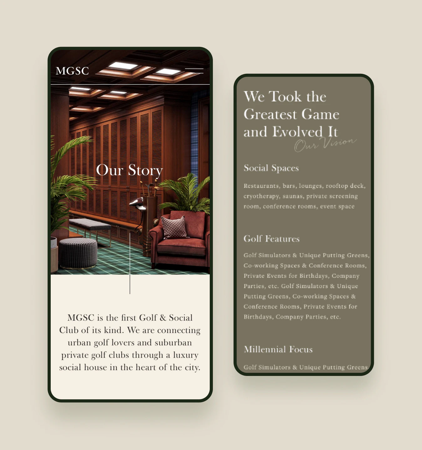 2 Phone mockups, one on the left is of MGSC Our Story page over a wood-paneled lounge interior, the one on the right is explaining the vision behind MGSC
