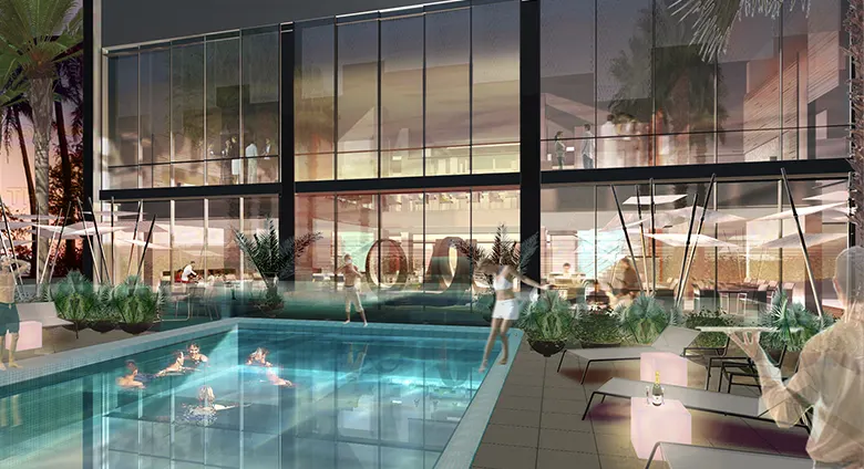 Perspective piscine et bâtiment avec personnage