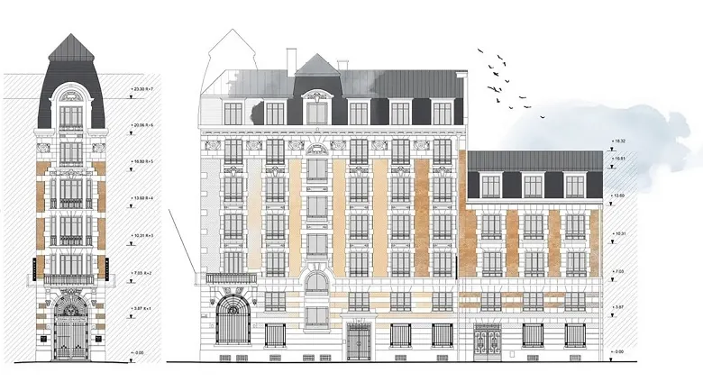 Colour-coded elevations of the hotel's three facades.