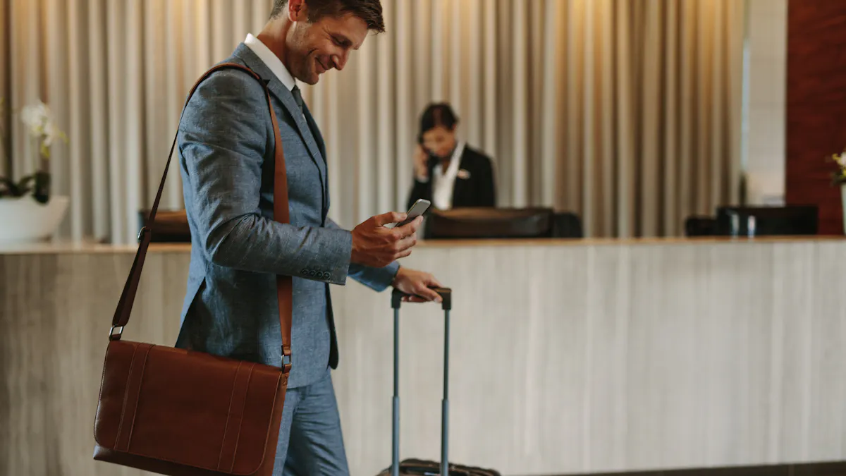 man leaves the hotel with his luggage