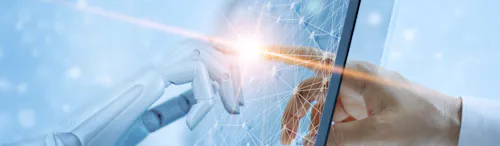 mano digitale e umana che si toccano mano digitale e umana che si toccano